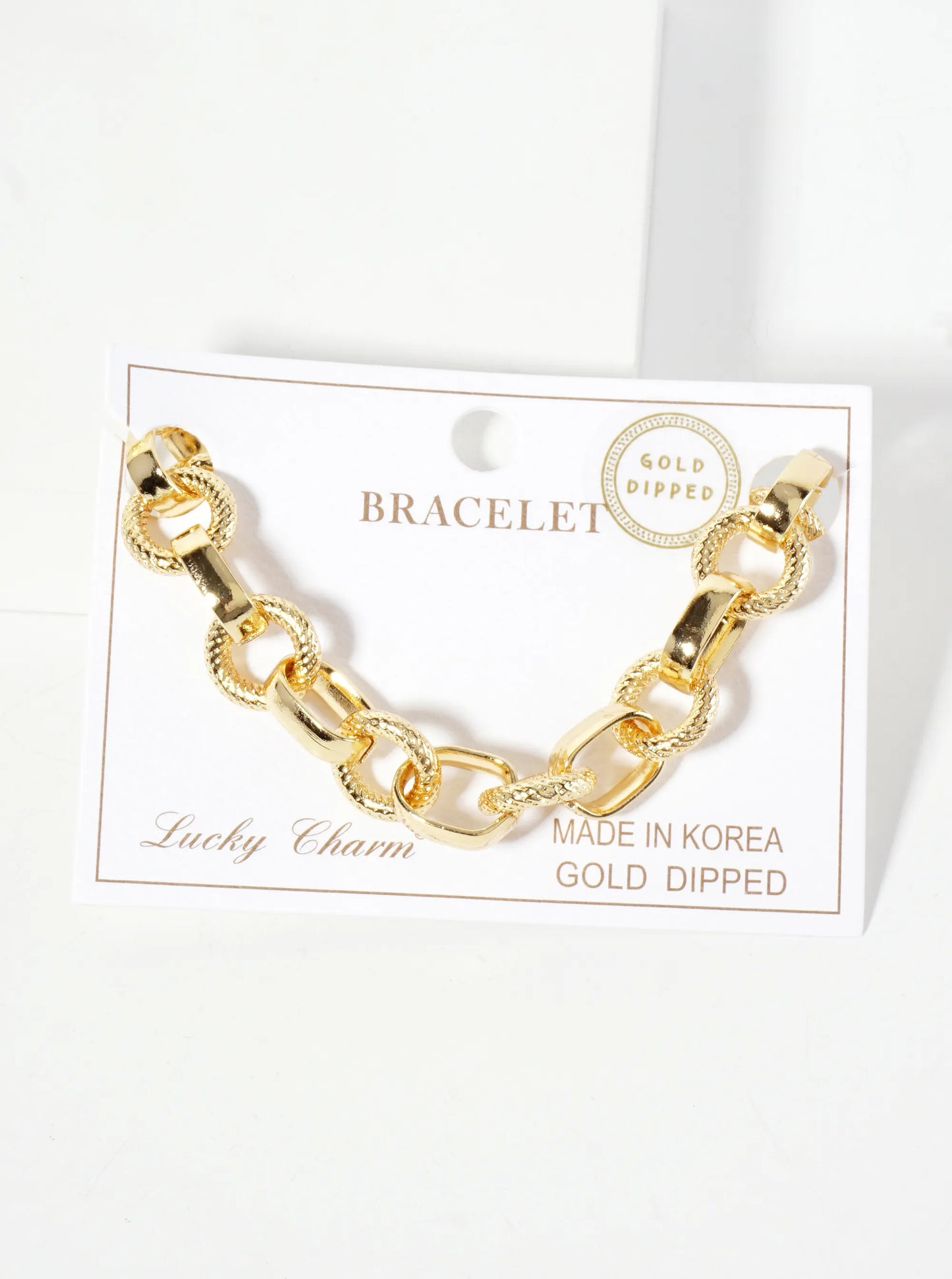 18K-Gold-Dipped 13mm Textured Round Oval-Shaped Polished Brass Chain Bracelet