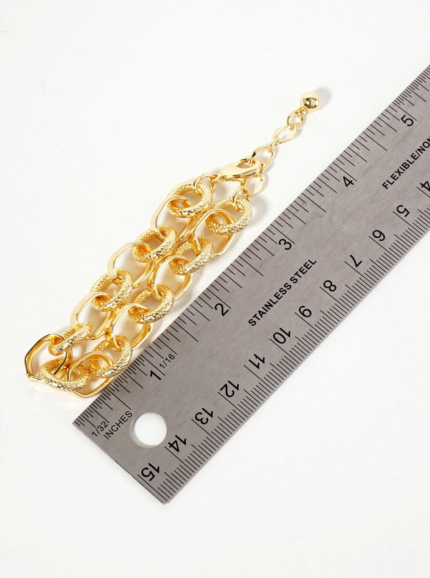 18K-Gold-Dipped 13mm Textured Round Oval-Shaped Polished Brass Chain Bracelet