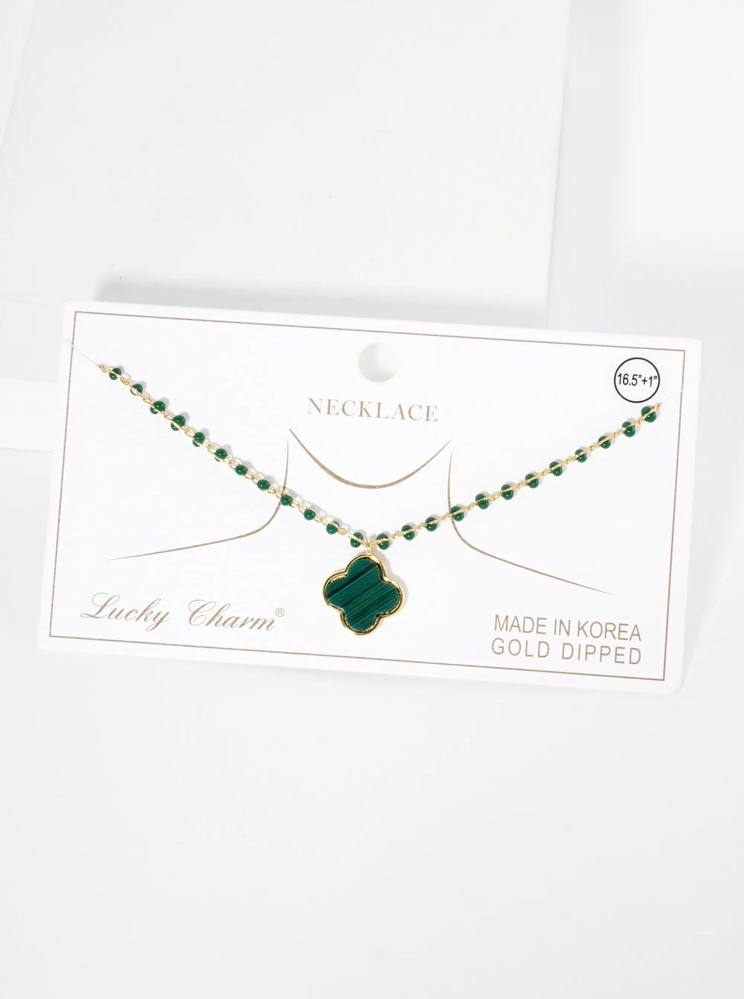 18K Gold Dipped 14mm Quatrefoil Pendant Glass Beaded Chain Necklace
