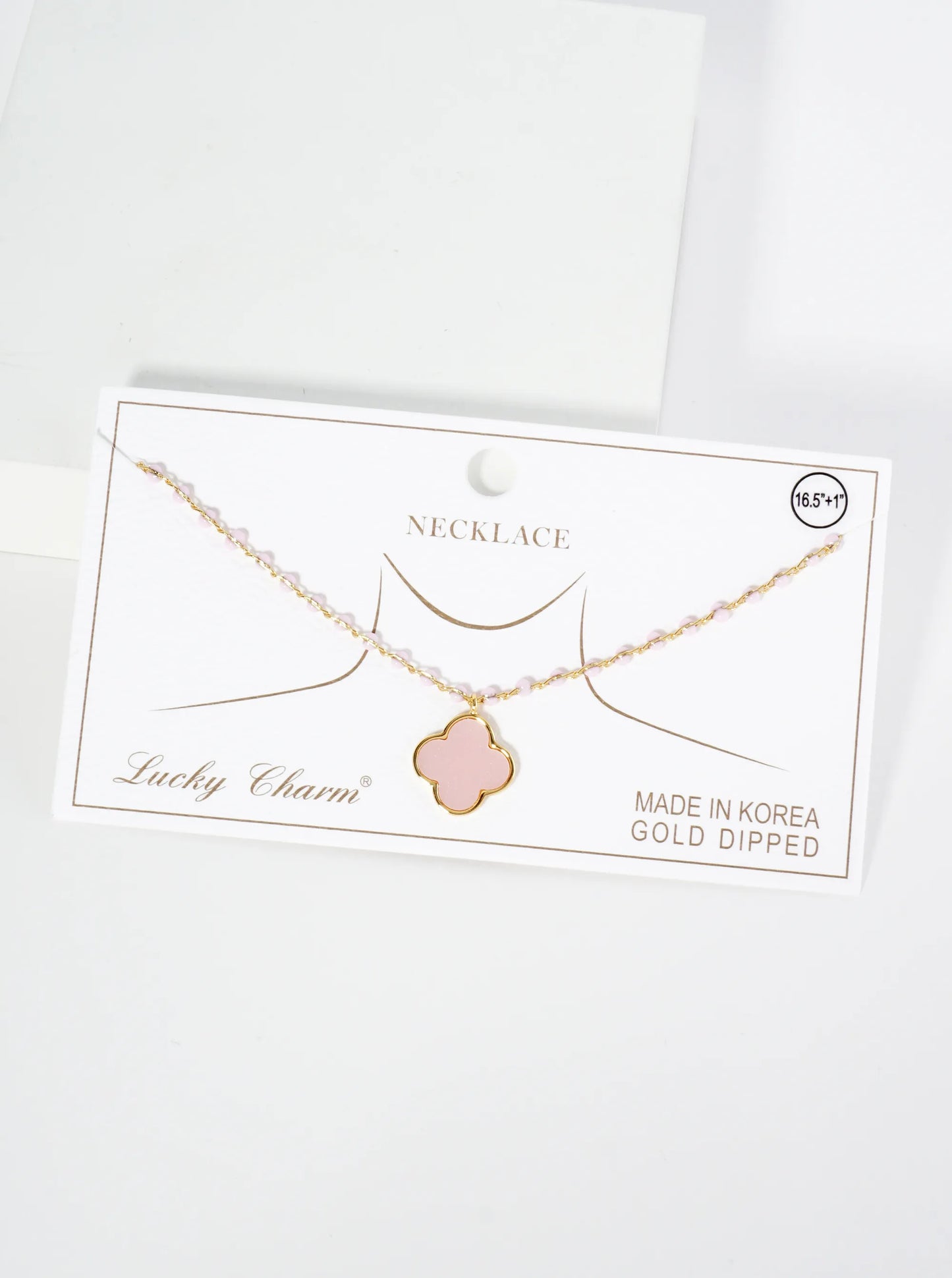 18K Gold Dipped 14mm Quatrefoil Pendant Glass Beaded Chain Necklace
