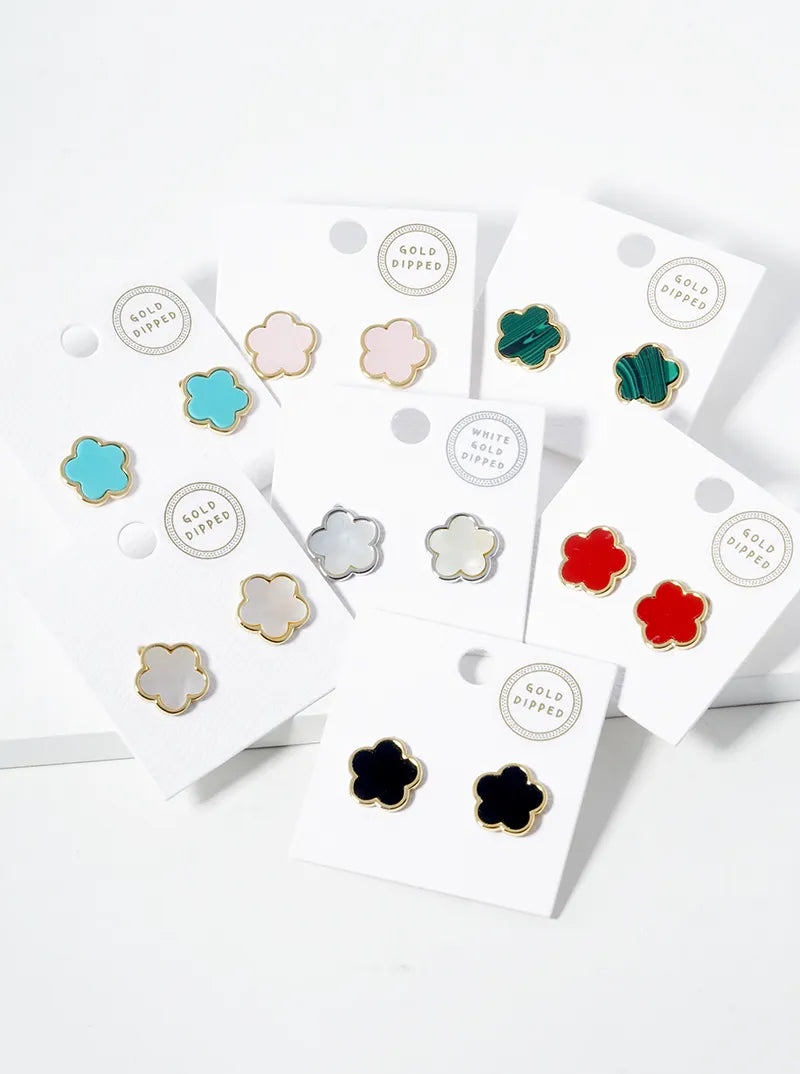 18K Gold Dipped 14mm Semi-Precious Stone Flower Stud Earrings