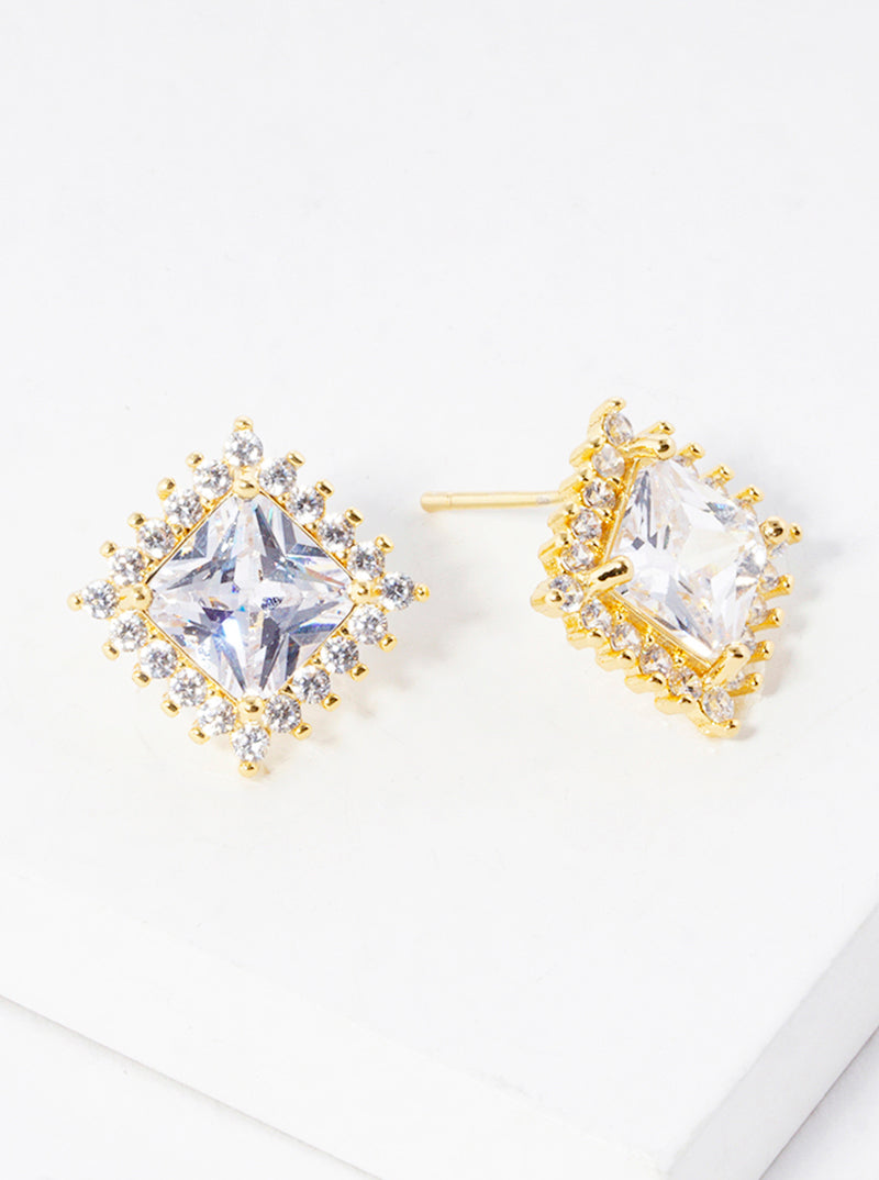 18K Gold Dipped 15mm CZ Pave Rhombus Post Stud Earrings