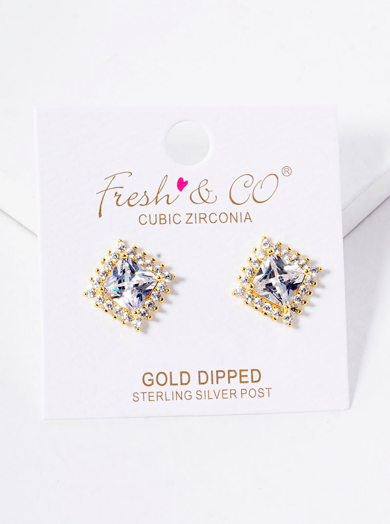 18K Gold Dipped 15mm CZ Pave Rhombus Post Stud Earrings