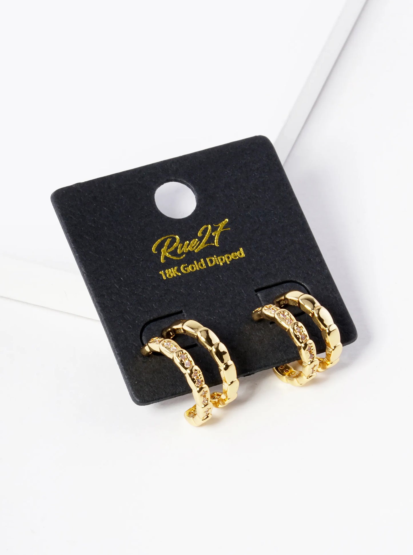 18K Gold Dipped 15mm Diameter CZ Double Line Brass Hoop Earrings