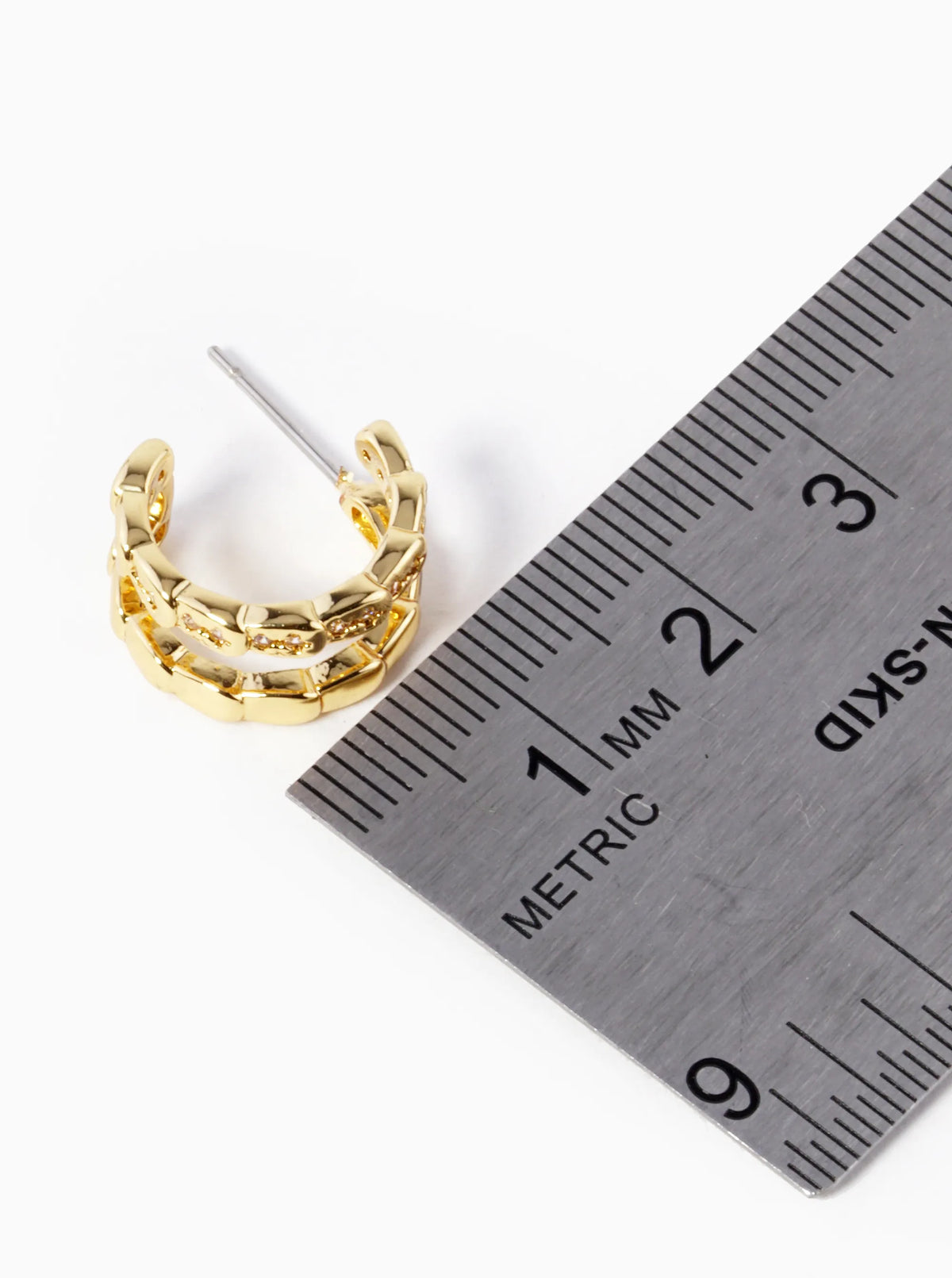18K Gold Dipped 15mm Diameter CZ Double Line Brass Hoop Earrings