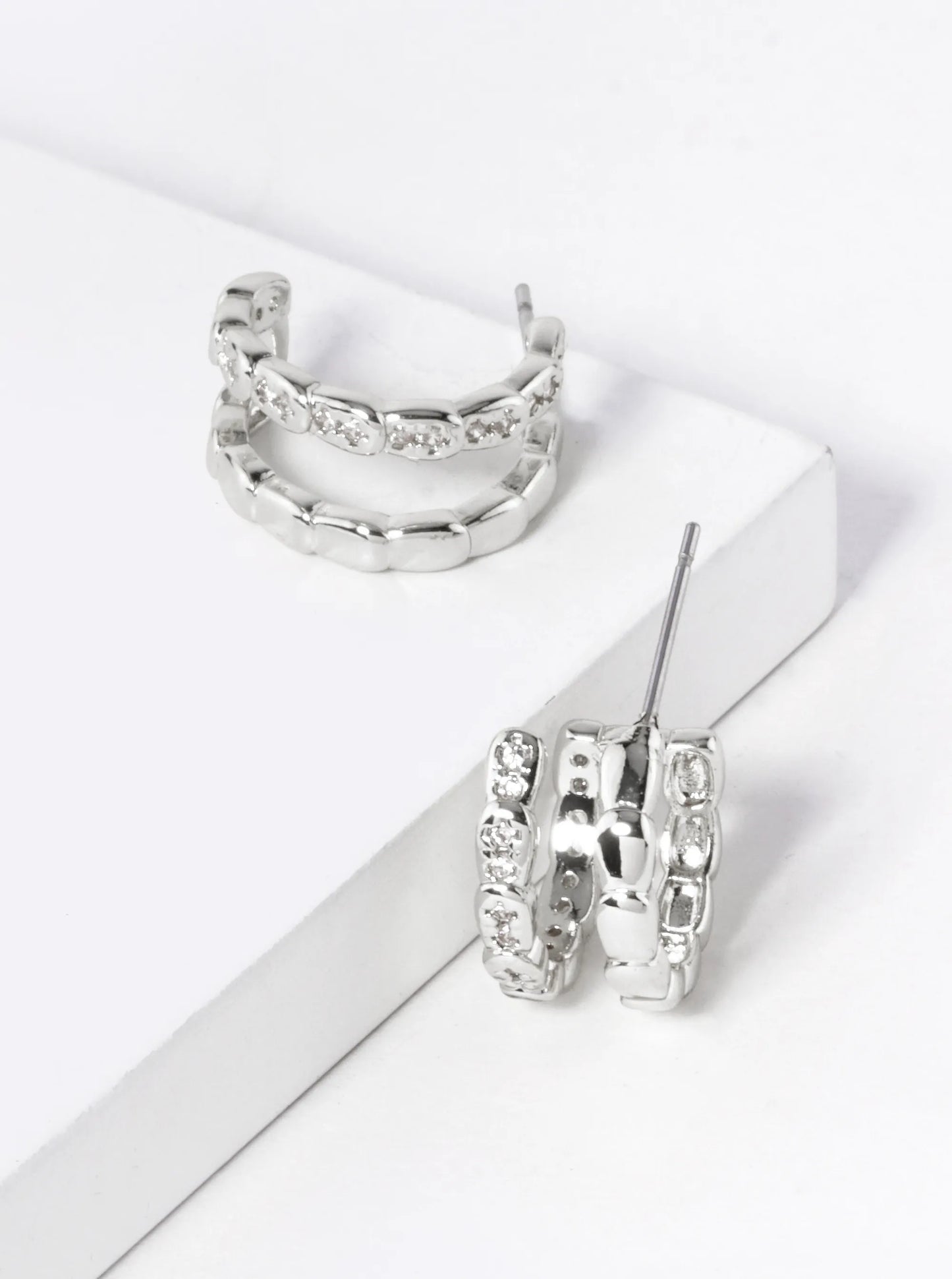 18K Gold Dipped 15mm Diameter CZ Double Line Brass Hoop Earrings