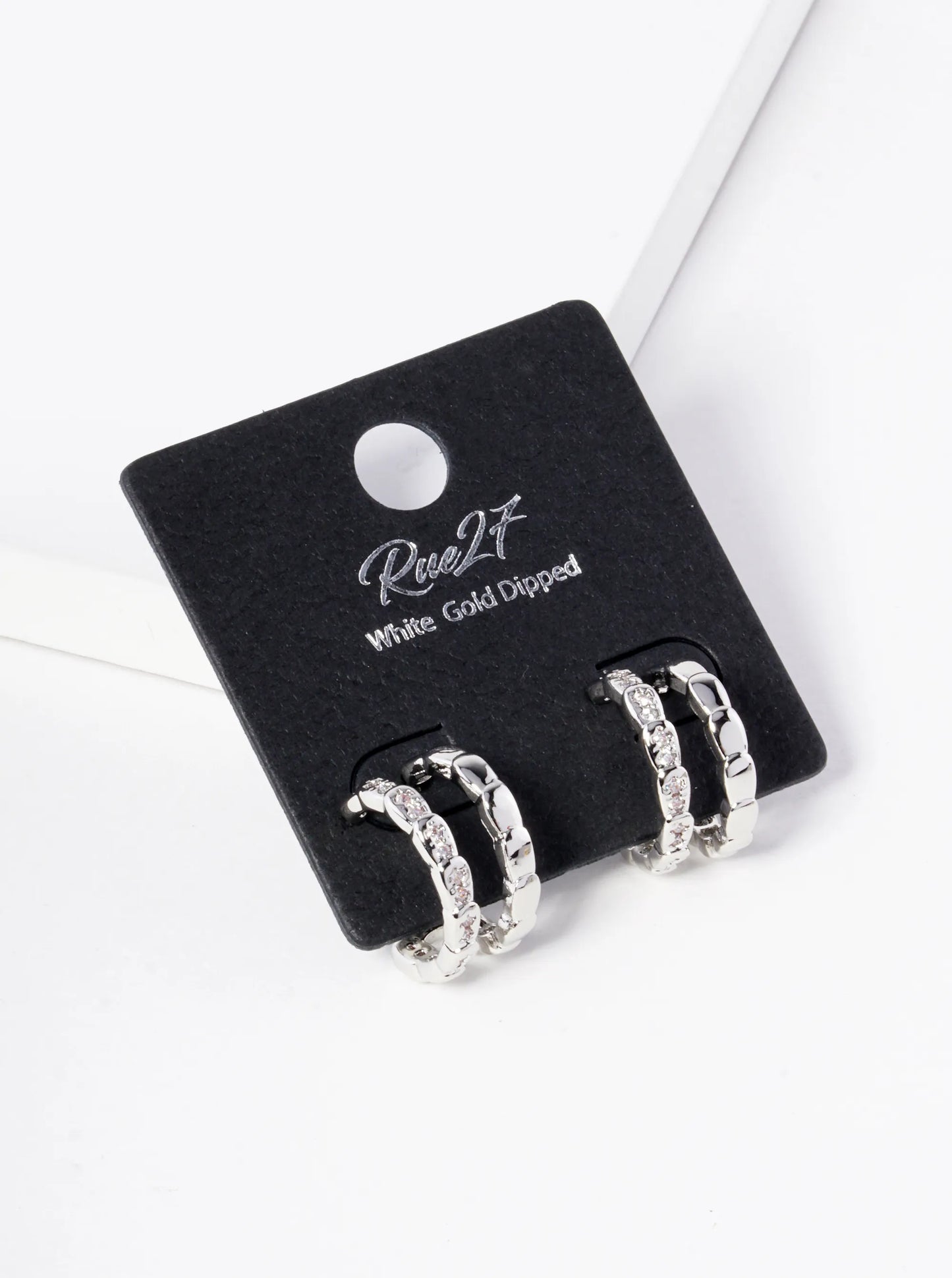18K Gold Dipped 15mm Diameter CZ Double Line Brass Hoop Earrings