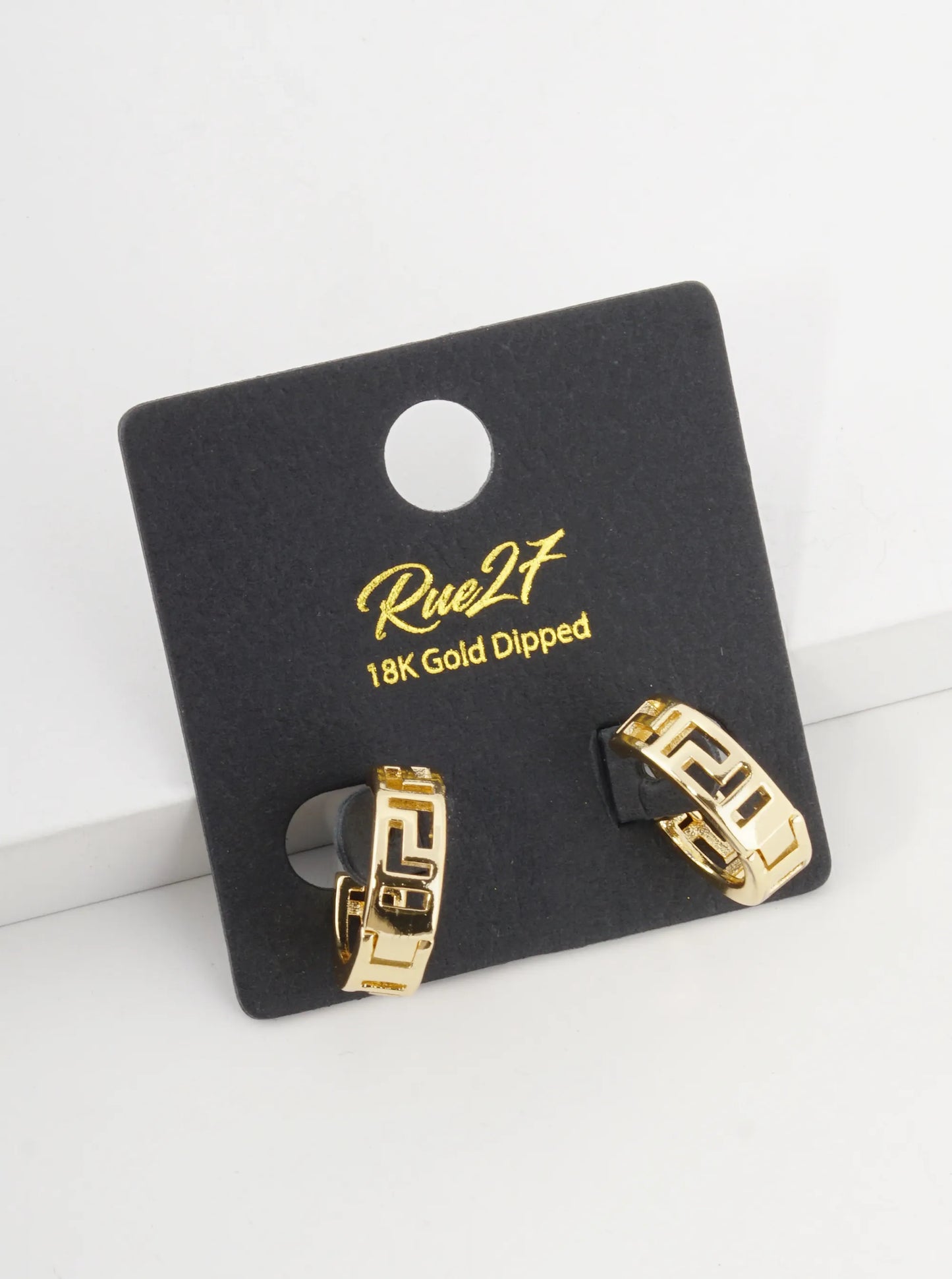 18K Gold Dipped 15mm Greek Key Pattern Small Huggie Earrings