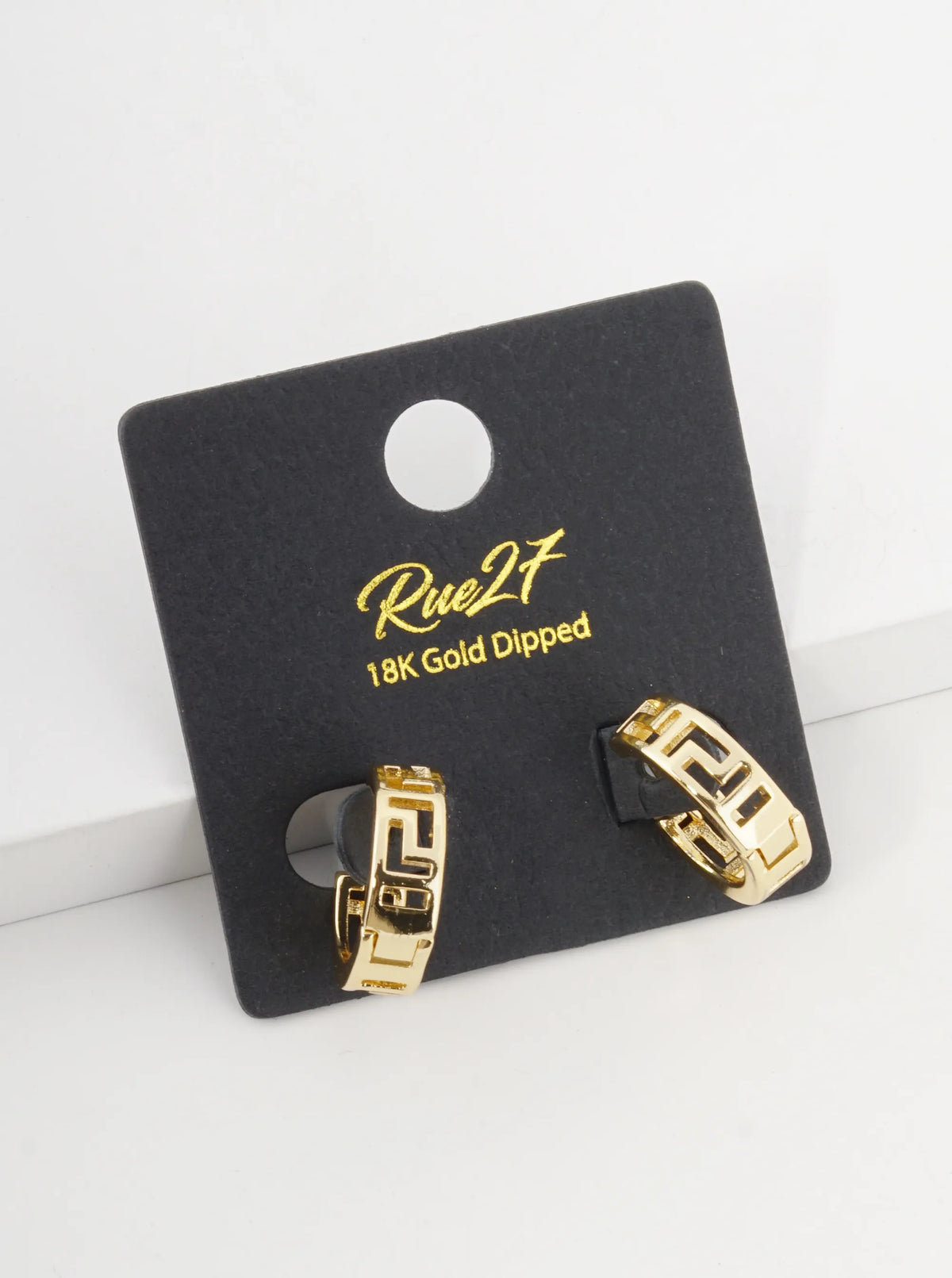 18K Gold Dipped 15mm Greek Key Pattern Small Huggie Earrings