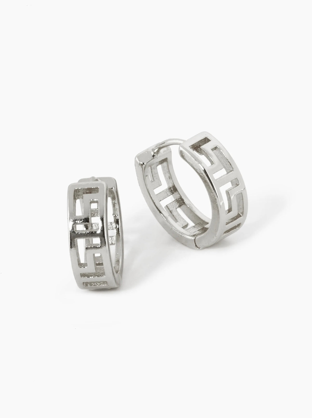 18K Gold Dipped 15mm Greek Key Pattern Small Huggie Earrings Rhodium