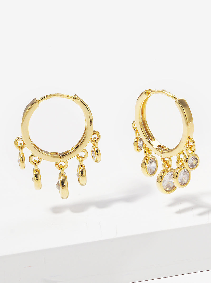 18K Gold Dipped 15mm Huggie Hoop Earrings With Graduated Round CZ Drop