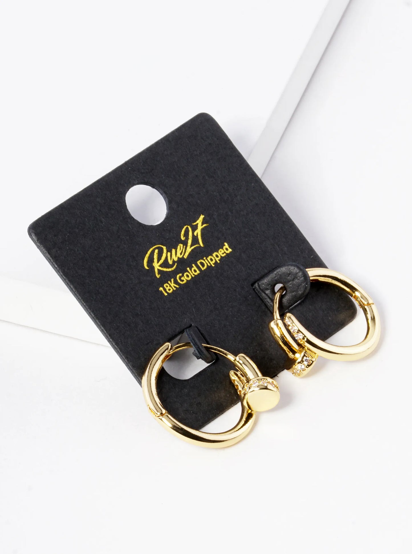 18K Gold Dipped 20mm Cubic Zirconia Simulated Nail Brass Huggie Earrings