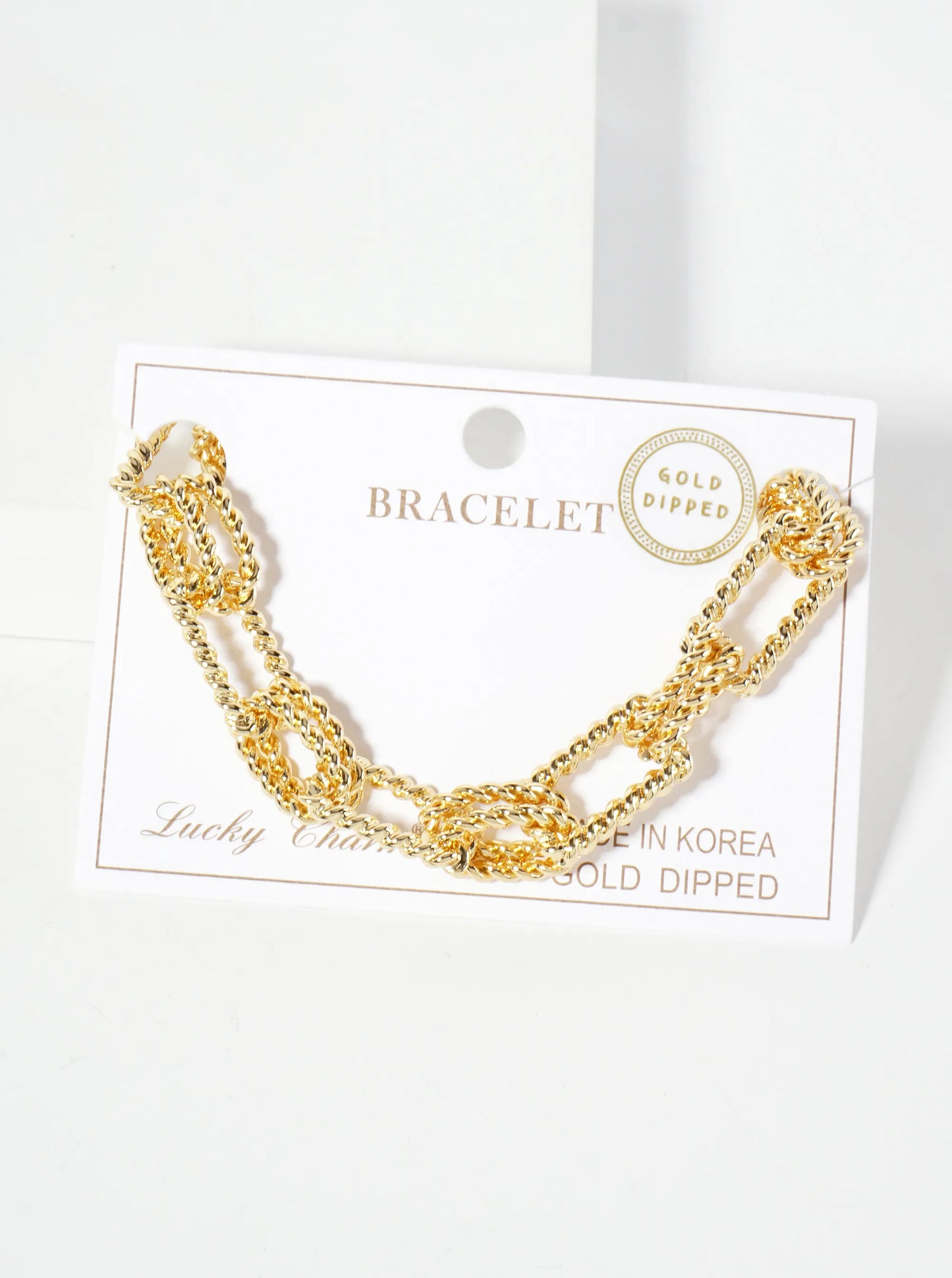 18K-Gold-Dipped 20mm Rope-Texture Double Oval Rectangle-Shaped Polished Brass Chain Bracelet