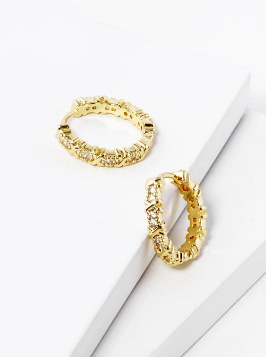 18K Gold Dipped 20mm X Cubic Zirconia Texture Brass Huggie Earrings