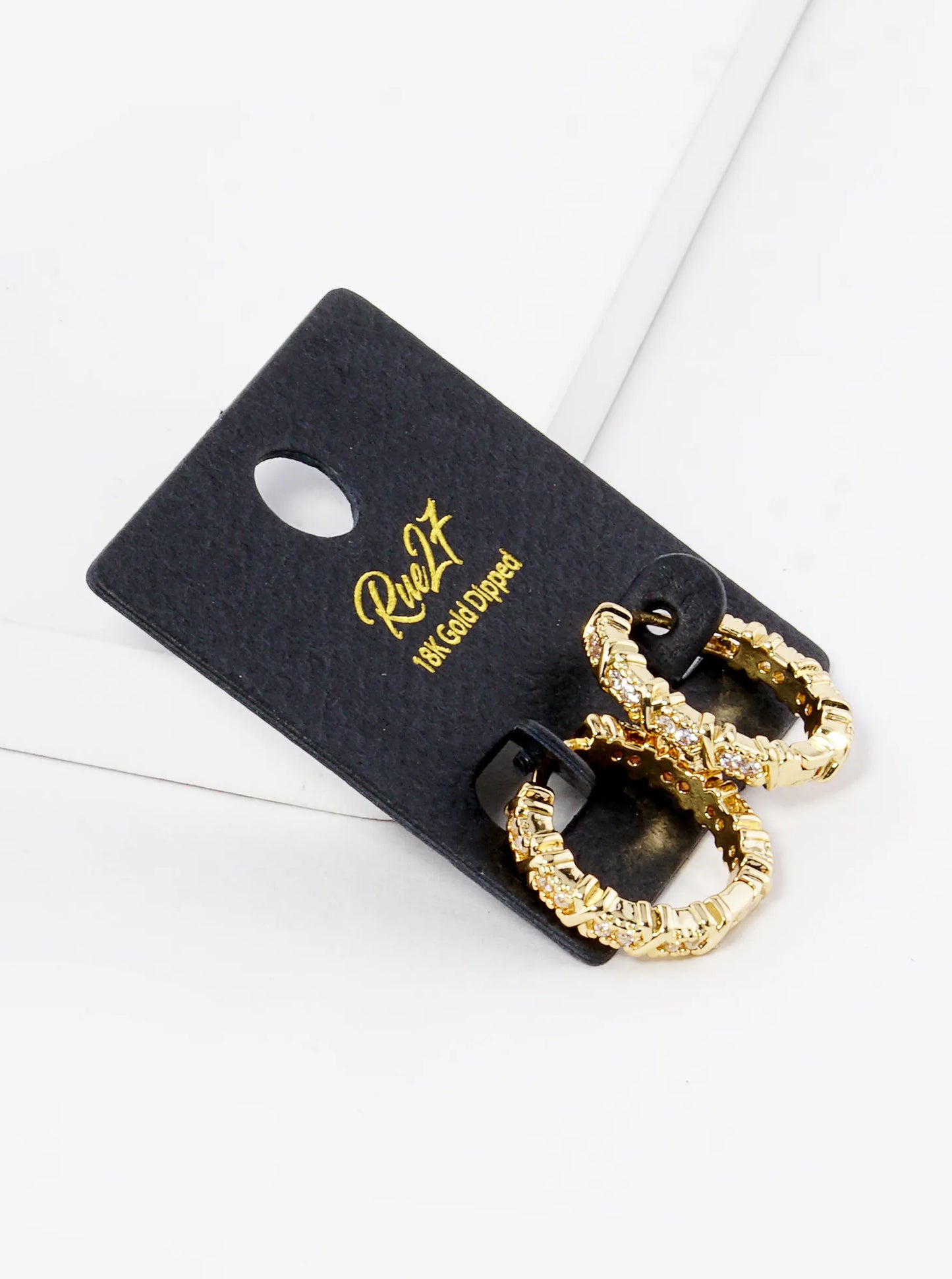18K Gold Dipped 20mm X Cubic Zirconia Texture Brass Huggie Earrings