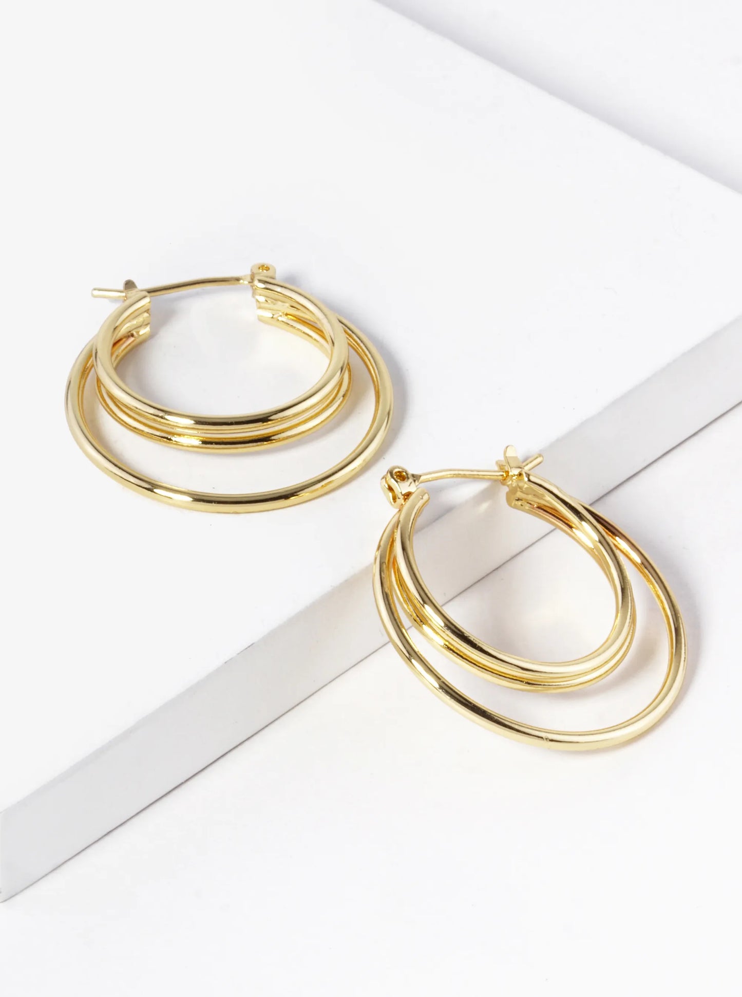 18K Gold Dipped 3 Circles Brass Pin Catch Hoop Earrings