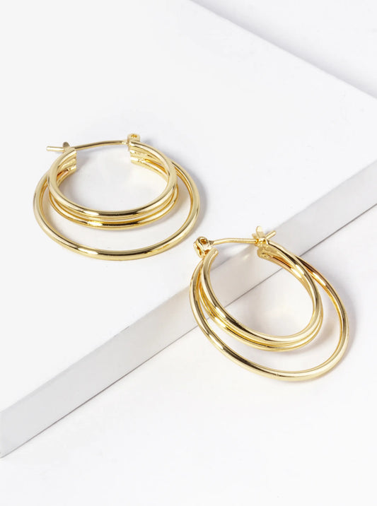 18K Gold Dipped 3 Circles Brass Pin Catch Hoop Earrings