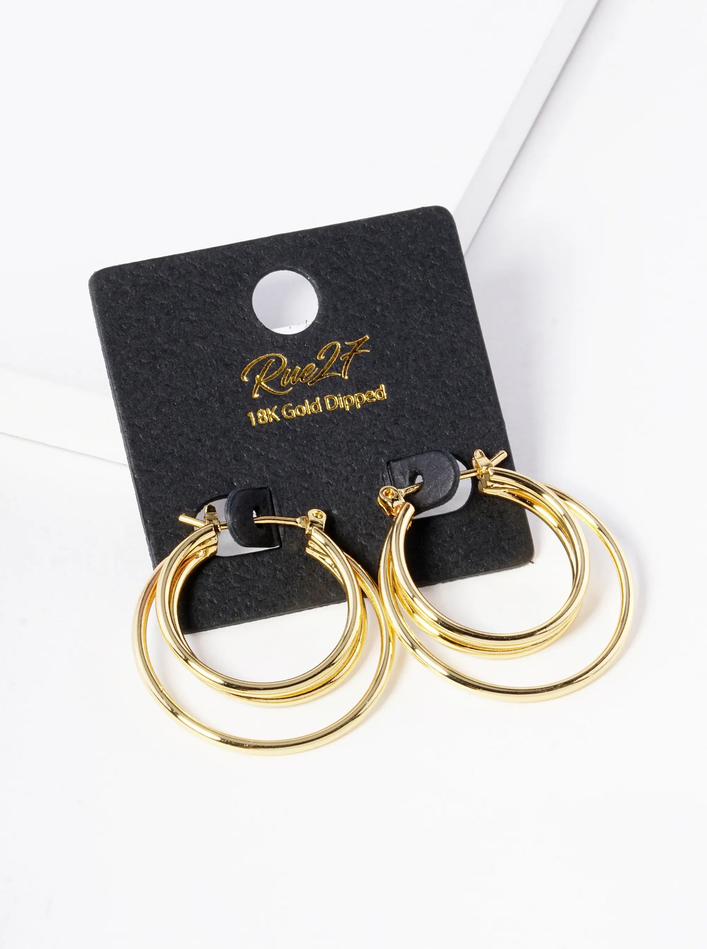 18K Gold Dipped 3 Circles Brass Pin Catch Hoop Earrings