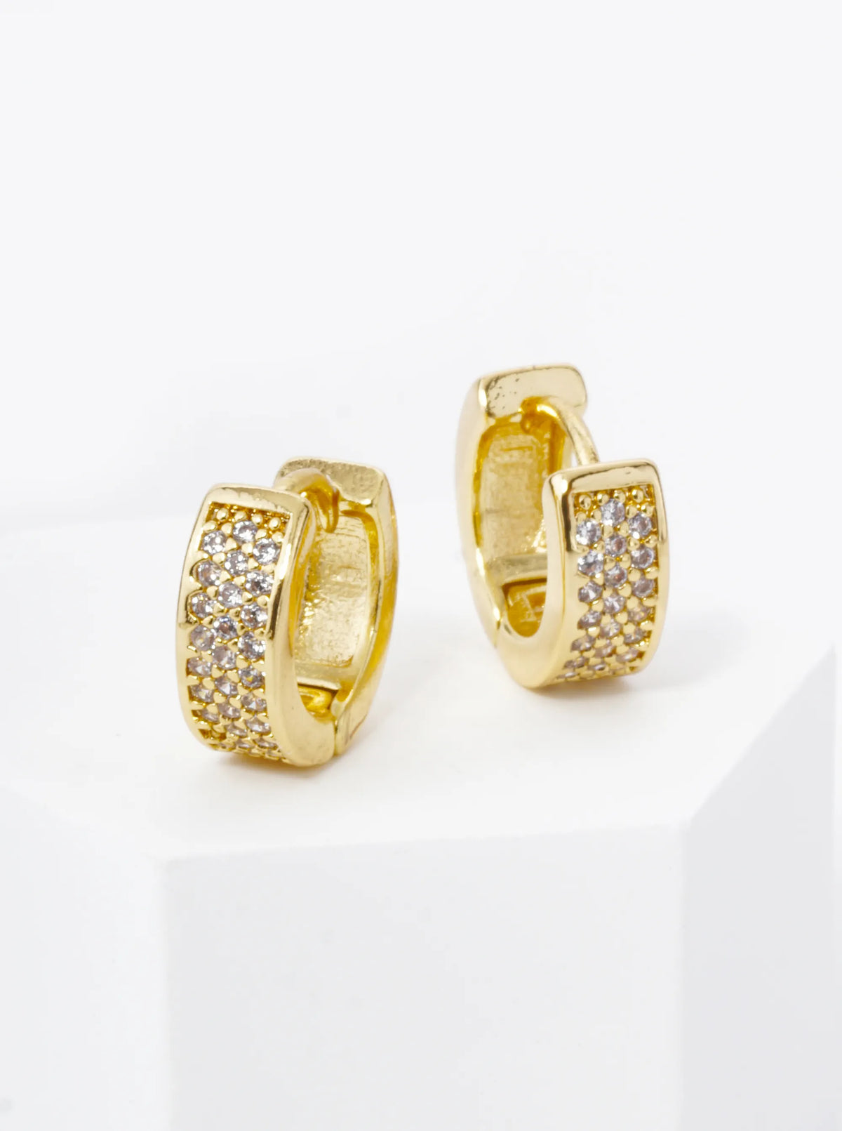 18K Gold Dipped 3 Line Micro Pave Set Cubic Zirconia 10mm Huggie Hoop Earrings