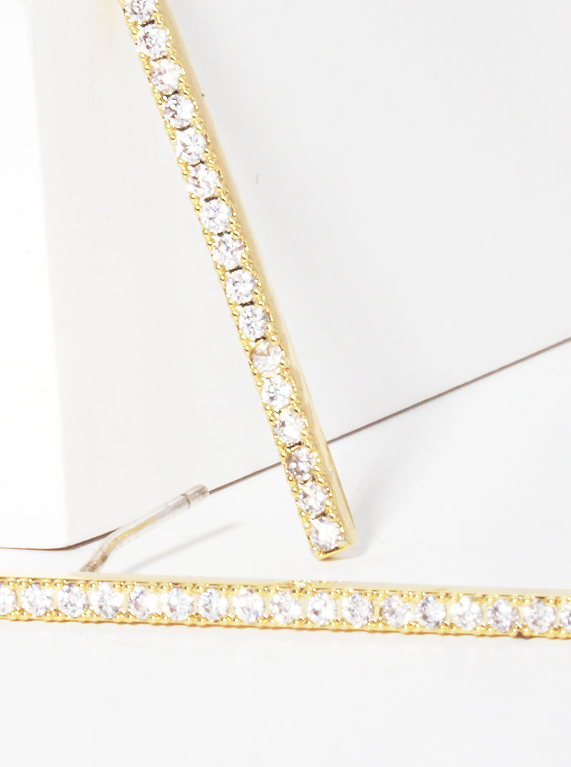 18K Gold Dipped 30mm Bar CZ Sterling Silver Post Stud Earrings