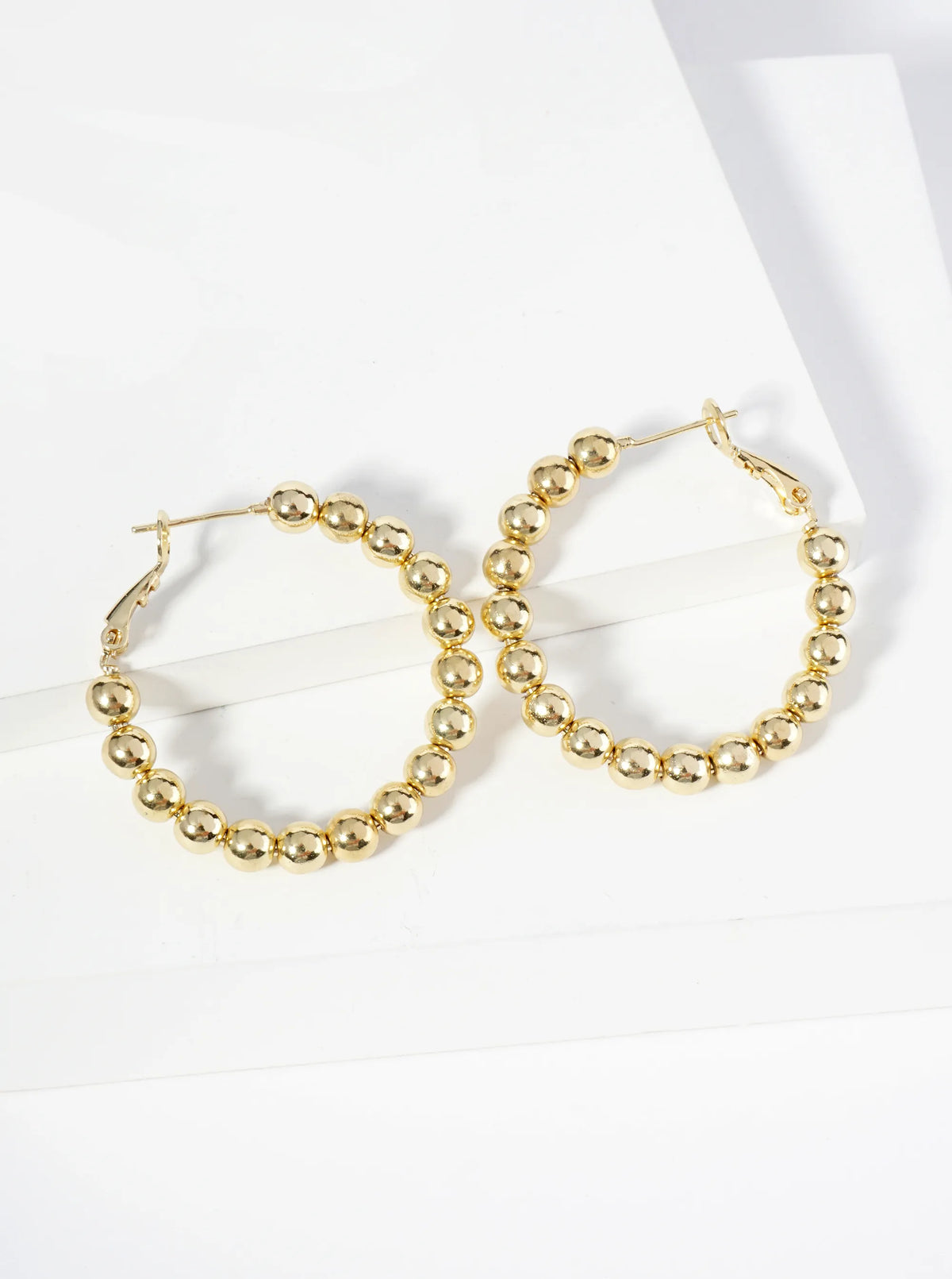 18K Gold Dipped 35mm Brass Ball Beaded Hoop Earrings With Latch Back Closure