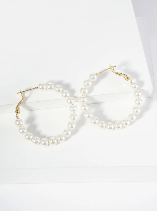 18K Gold Dipped 35mm Pearl Beaded Hoop Earrings With Latch Back Closure