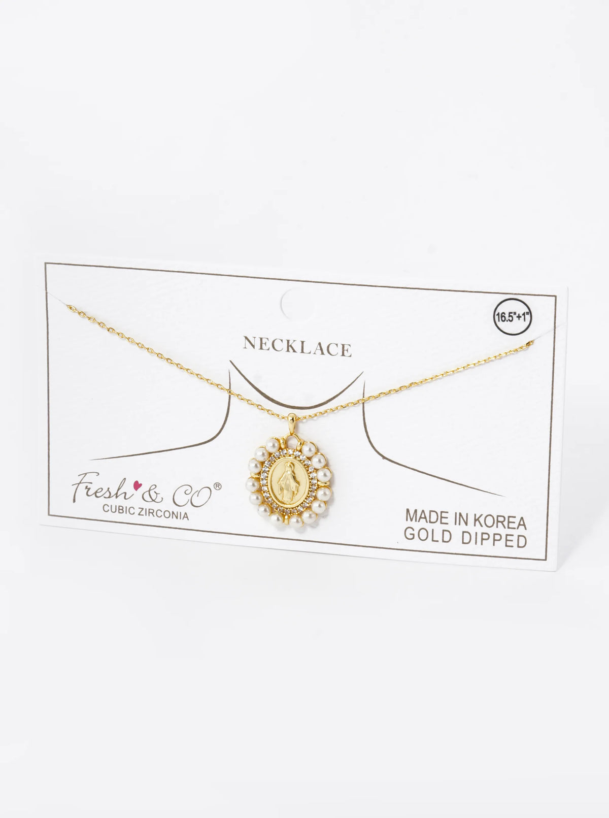 18K Gold Dipped 3mm Pearl Beaded CZ Oval Miraculous Medal Pendant Religious Necklace
