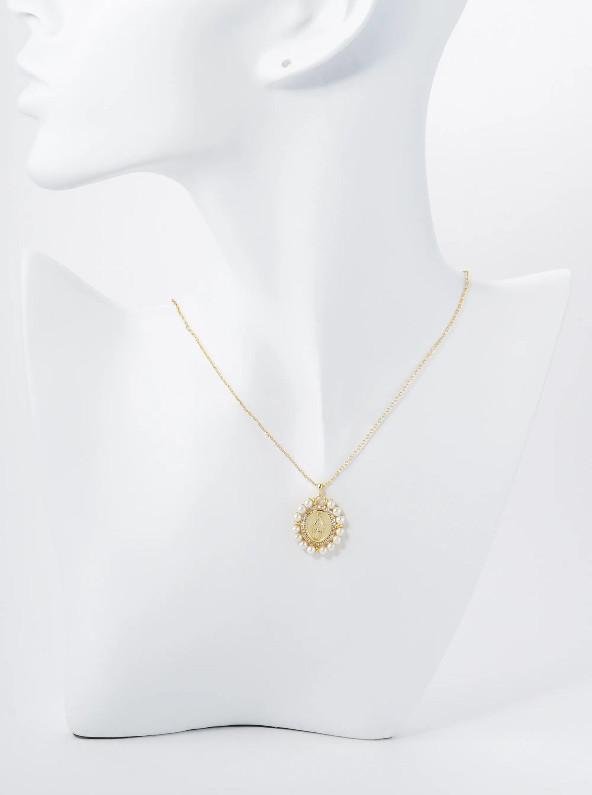 18K Gold Dipped 3mm Pearl Beaded CZ Oval Miraculous Medal Pendant Religious Necklace