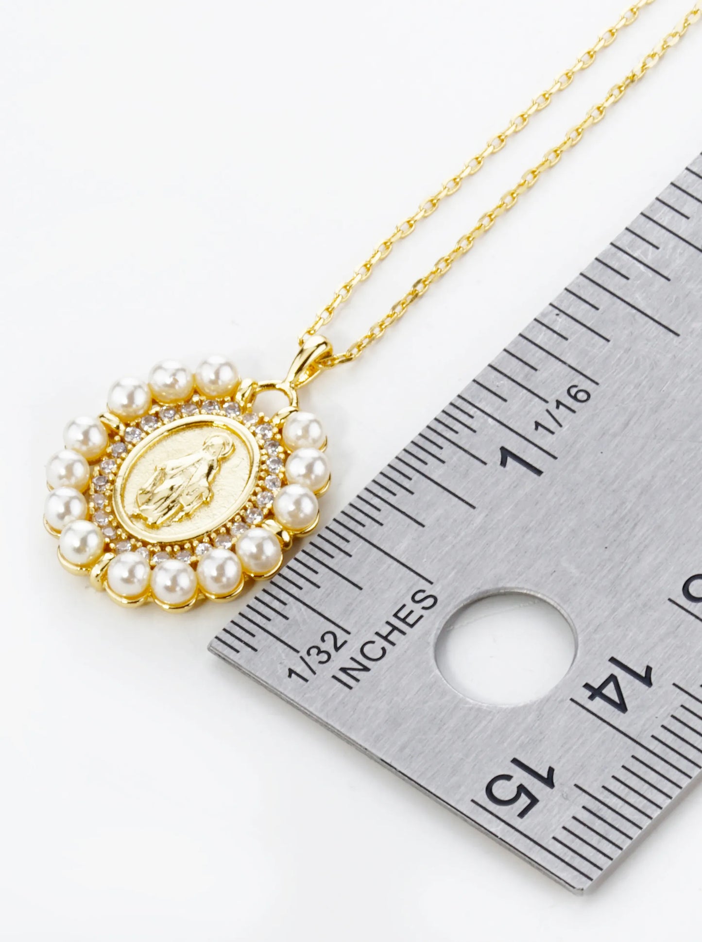 18K Gold Dipped 3mm Pearl Beaded CZ Oval Miraculous Medal Pendant Religious Necklace