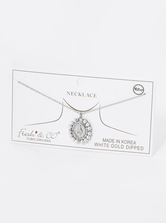 18K Gold Dipped 3mm Pearl Beaded CZ Oval Miraculous Medal Pendant Religious Necklace