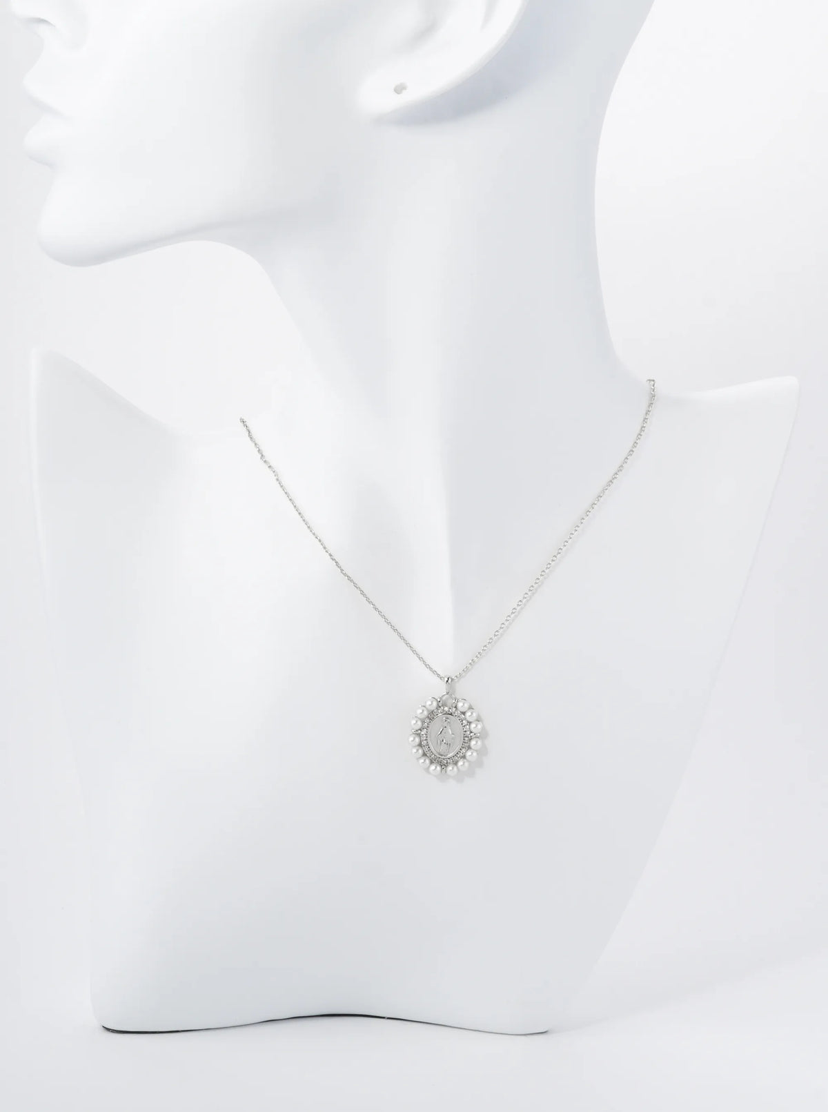 18K Gold Dipped 3mm Pearl Beaded CZ Oval Miraculous Medal Pendant Religious Necklace