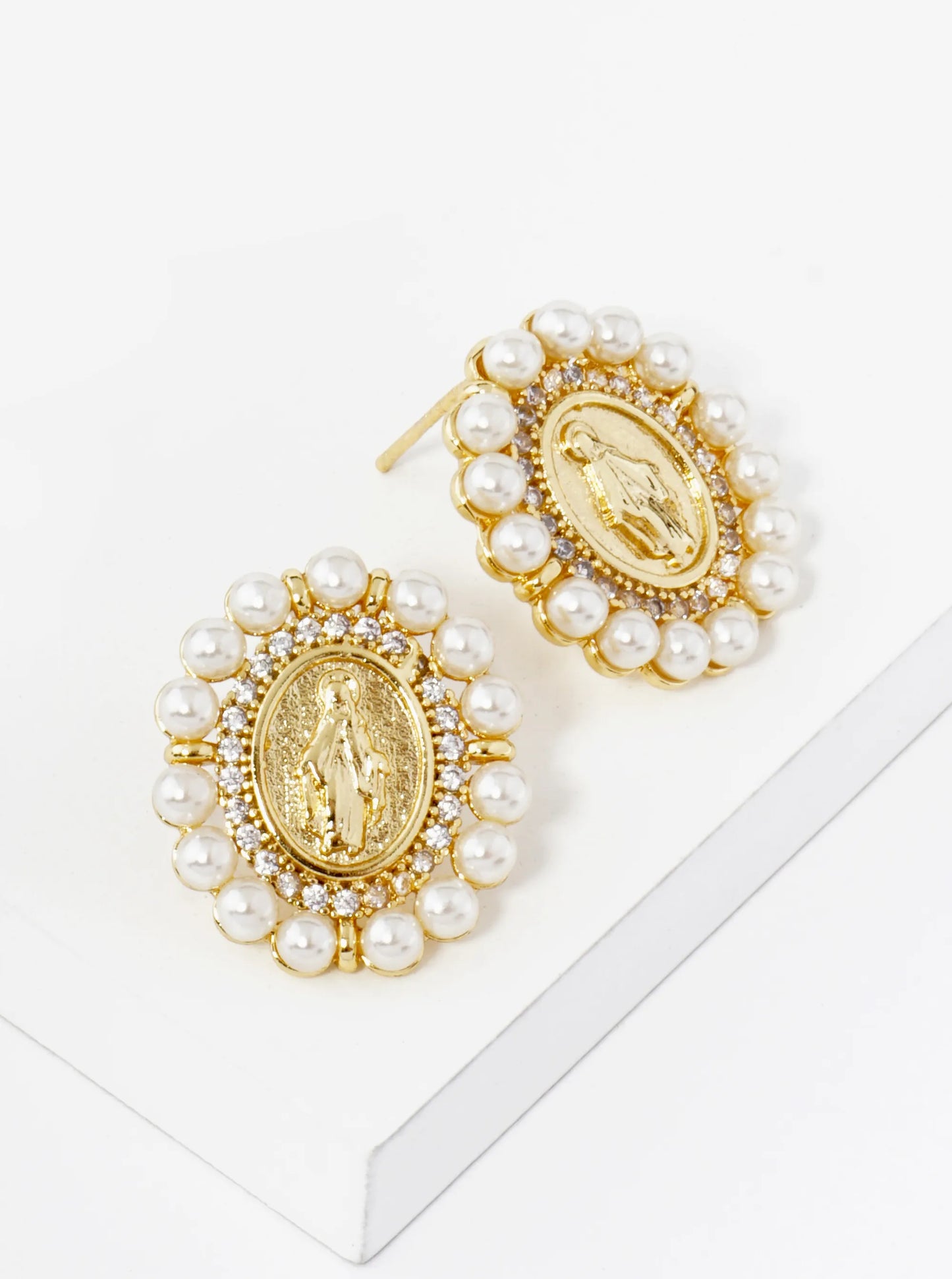 18K Gold Dipped 3mm Pearl Beaded CZ Oval Miraculous Medal Stud Earrings