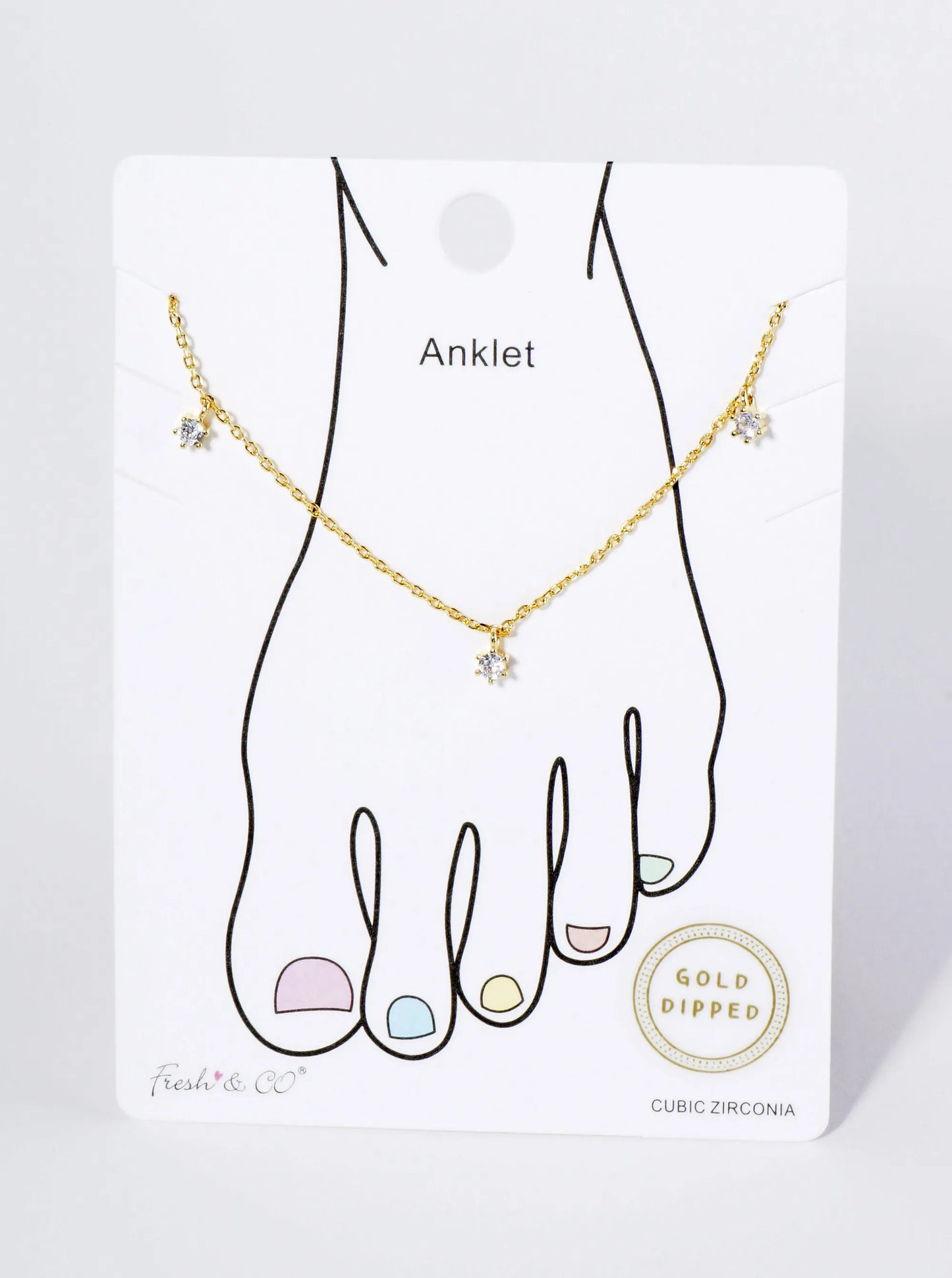 18K Gold Dipped 3mm Three Cubic Zirconia Stone Charms Brass Chain Anklet