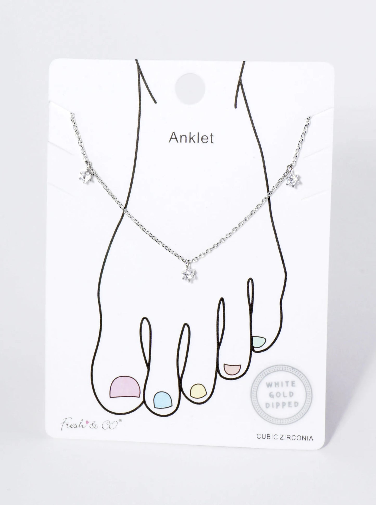 18K Gold Dipped 3mm Three Cubic Zirconia Stone Charms Brass Chain Anklet