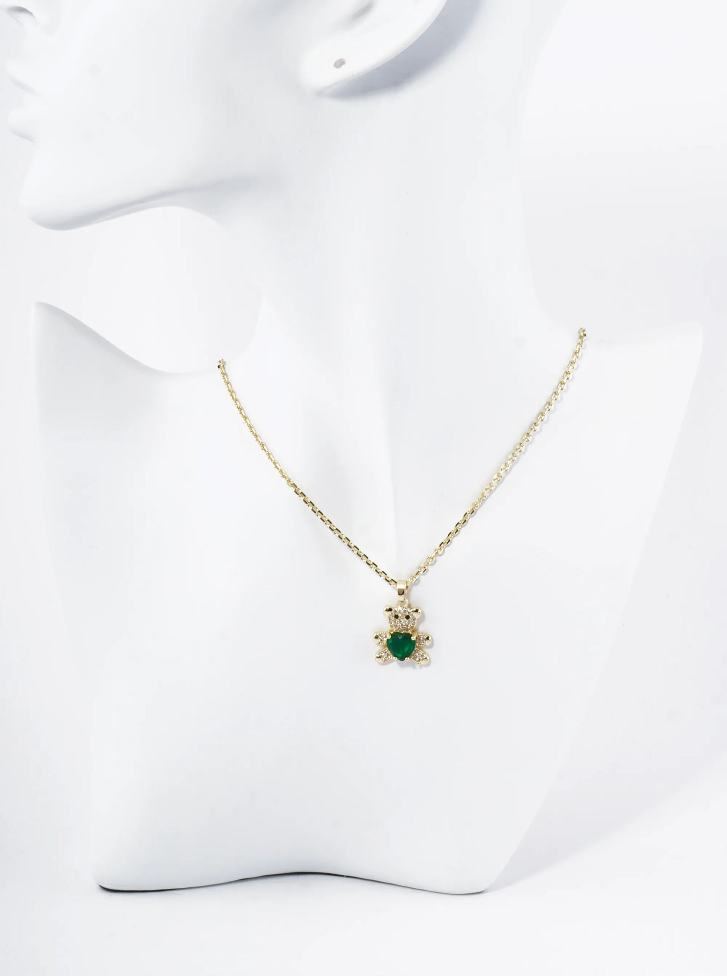 18K Gold Dipped 4-Prong Heart CZ Stone Pave Set Teddy Bear Pendant Necklace