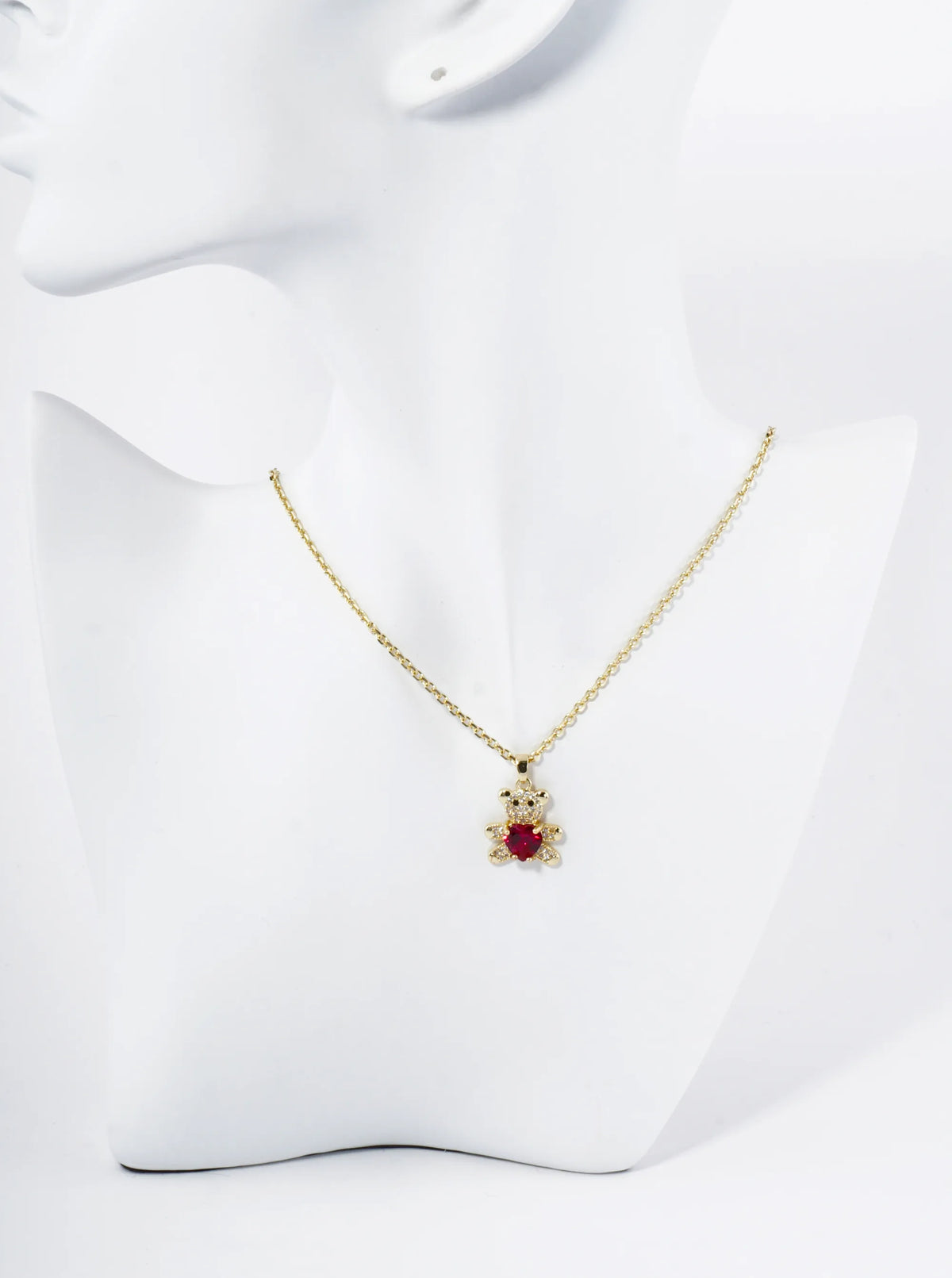 18K Gold Dipped 4-Prong Heart CZ Stone Pave Set Teddy Bear Pendant Necklace