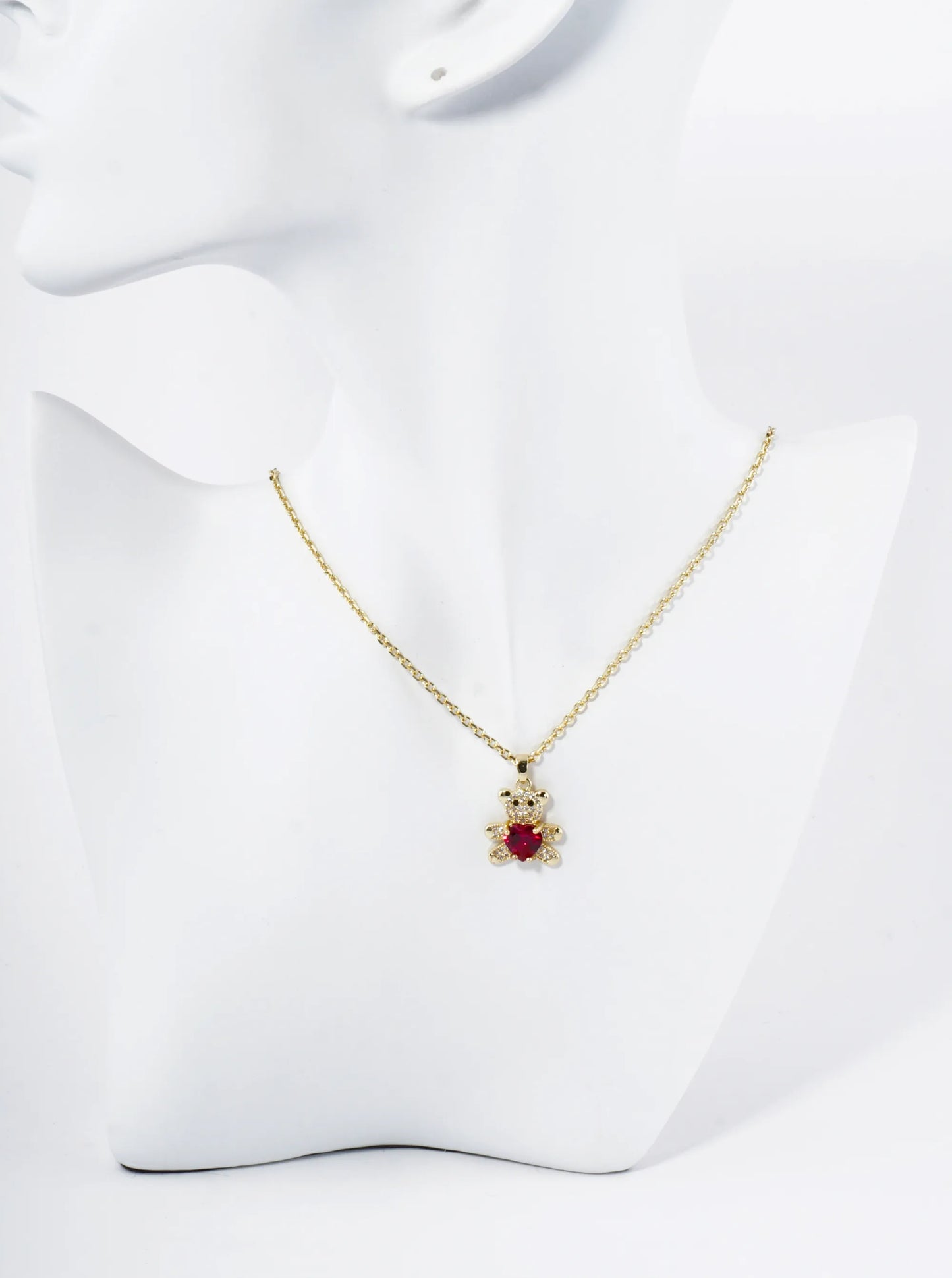 18K Gold Dipped 4-Prong Heart CZ Stone Pave Set Teddy Bear Pendant Necklace