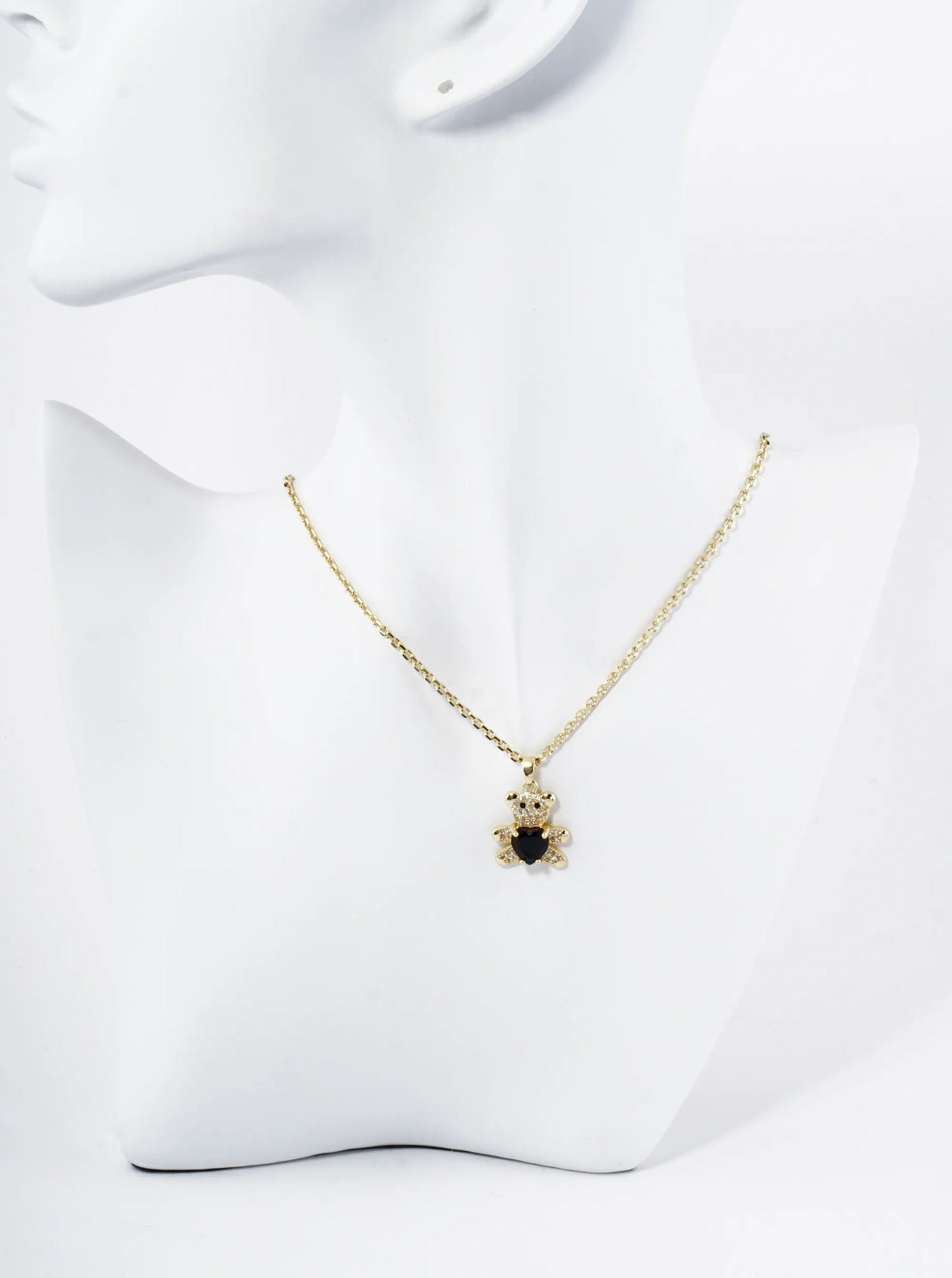 18K Gold Dipped 4-Prong Heart CZ Stone Pave Set Teddy Bear Pendant Necklace