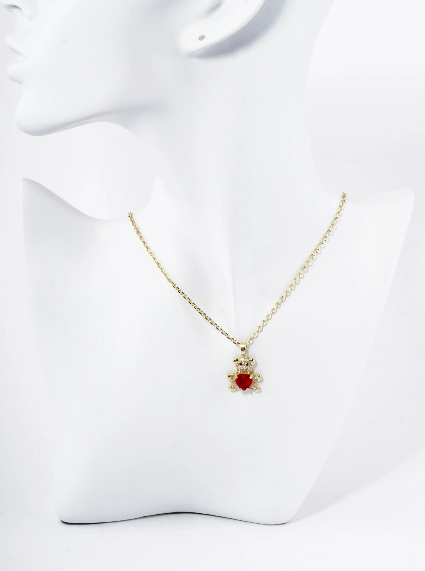 18K Gold Dipped 4-Prong Heart CZ Stone Pave Set Teddy Bear Pendant Necklace