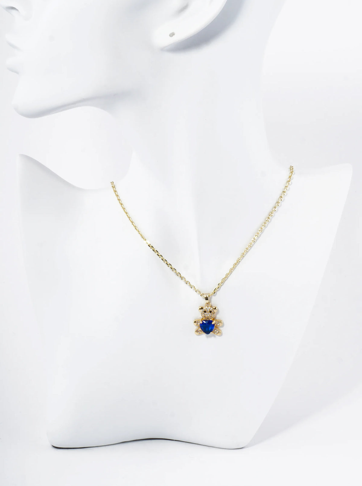 18K Gold Dipped 4-Prong Heart CZ Stone Pave Set Teddy Bear Pendant Necklace