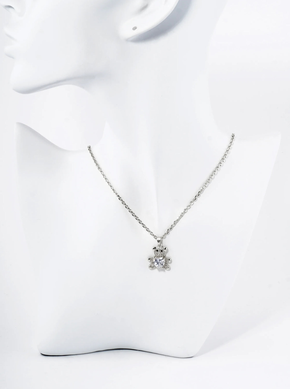 18K Gold Dipped 4-Prong Heart CZ Stone Pave Set Teddy Bear Pendant Necklace