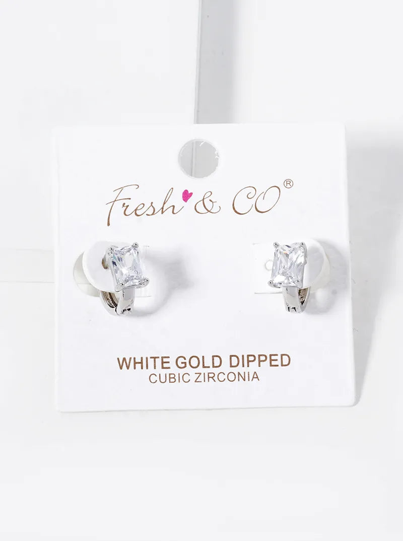18K Gold Dipped 4-Prong Rectangle Cubic Zirconia Accent Huggie Hoop Earrings