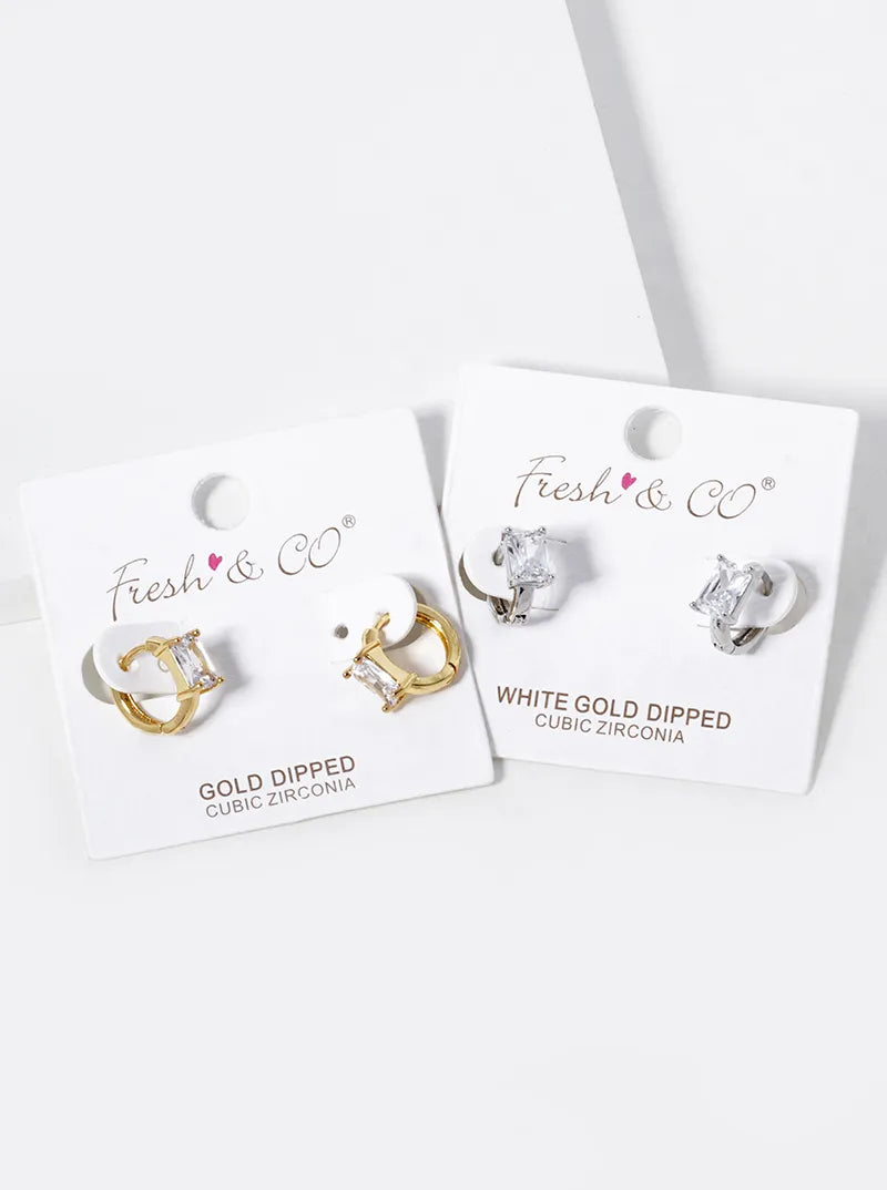 18K Gold Dipped 4-Prong Rectangle Cubic Zirconia Accent Huggie Hoop Earrings