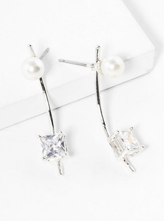 18K Gold Dipped 4-Prong Square CZ Pearl Curved Bar Post Drop Earrings
