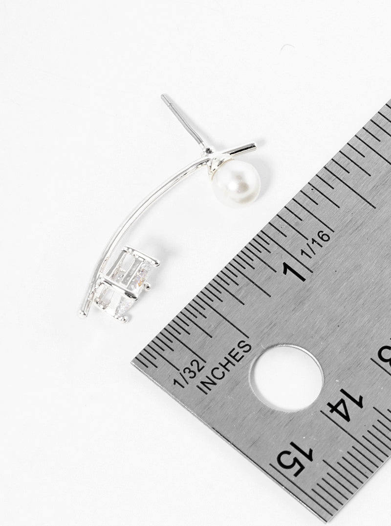 18K Gold Dipped 4-Prong Square CZ Pearl Curved Bar Post Drop Earrings