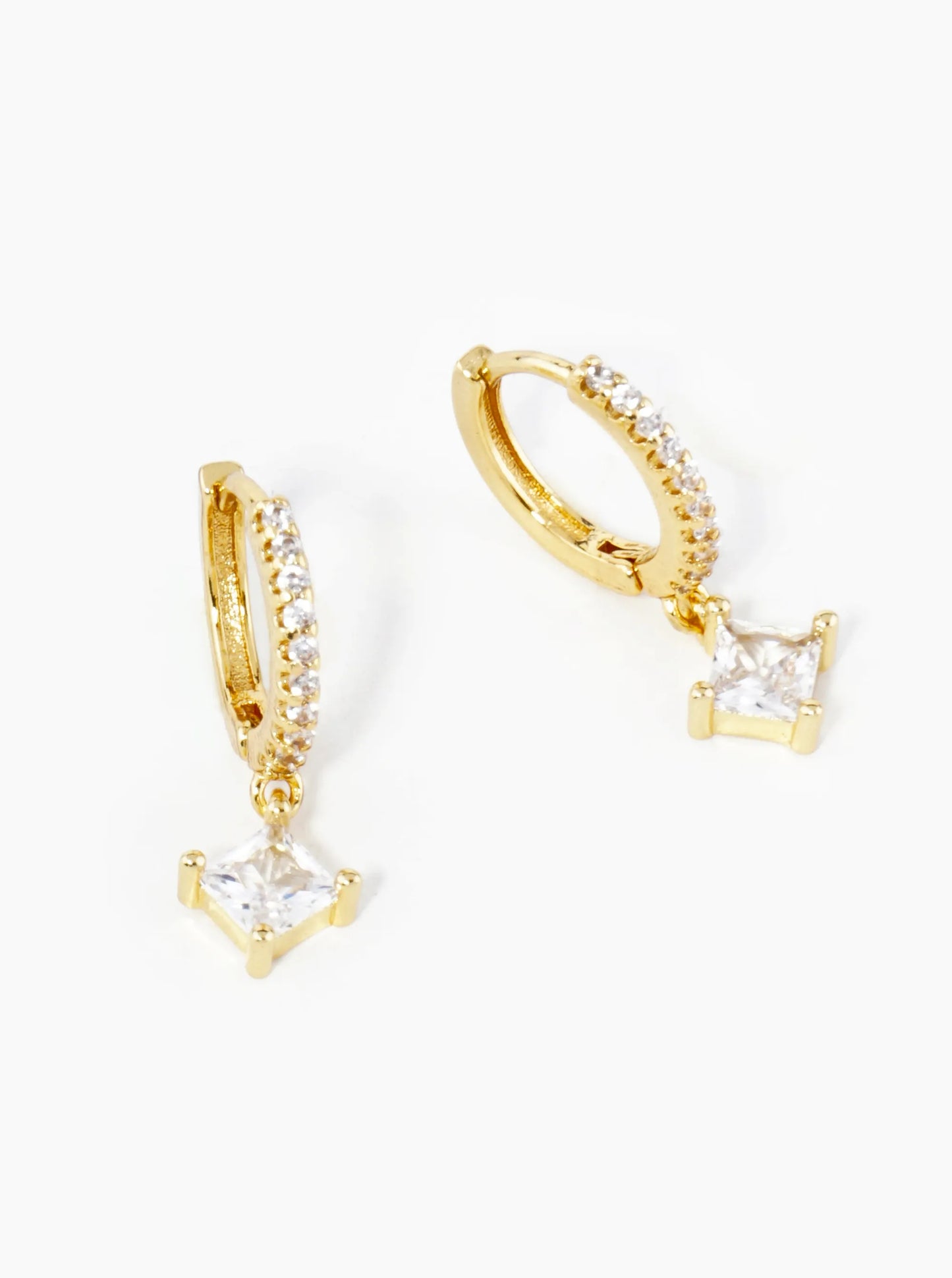 18K Gold Dipped 4-Prong Square Cubic Zirconia Drop 10mm Huggie Hoop Earrings