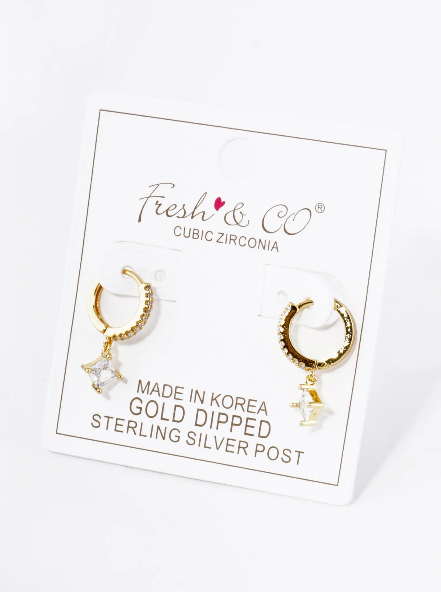 18K Gold Dipped 4-Prong Square Cubic Zirconia Drop 10mm Huggie Hoop Earrings