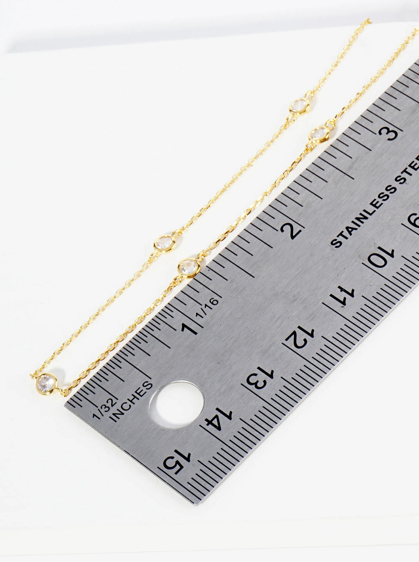 18K Gold Dipped 4mm Five Bezel Set Cubic Zirconia Stone Brass Chain Anklet