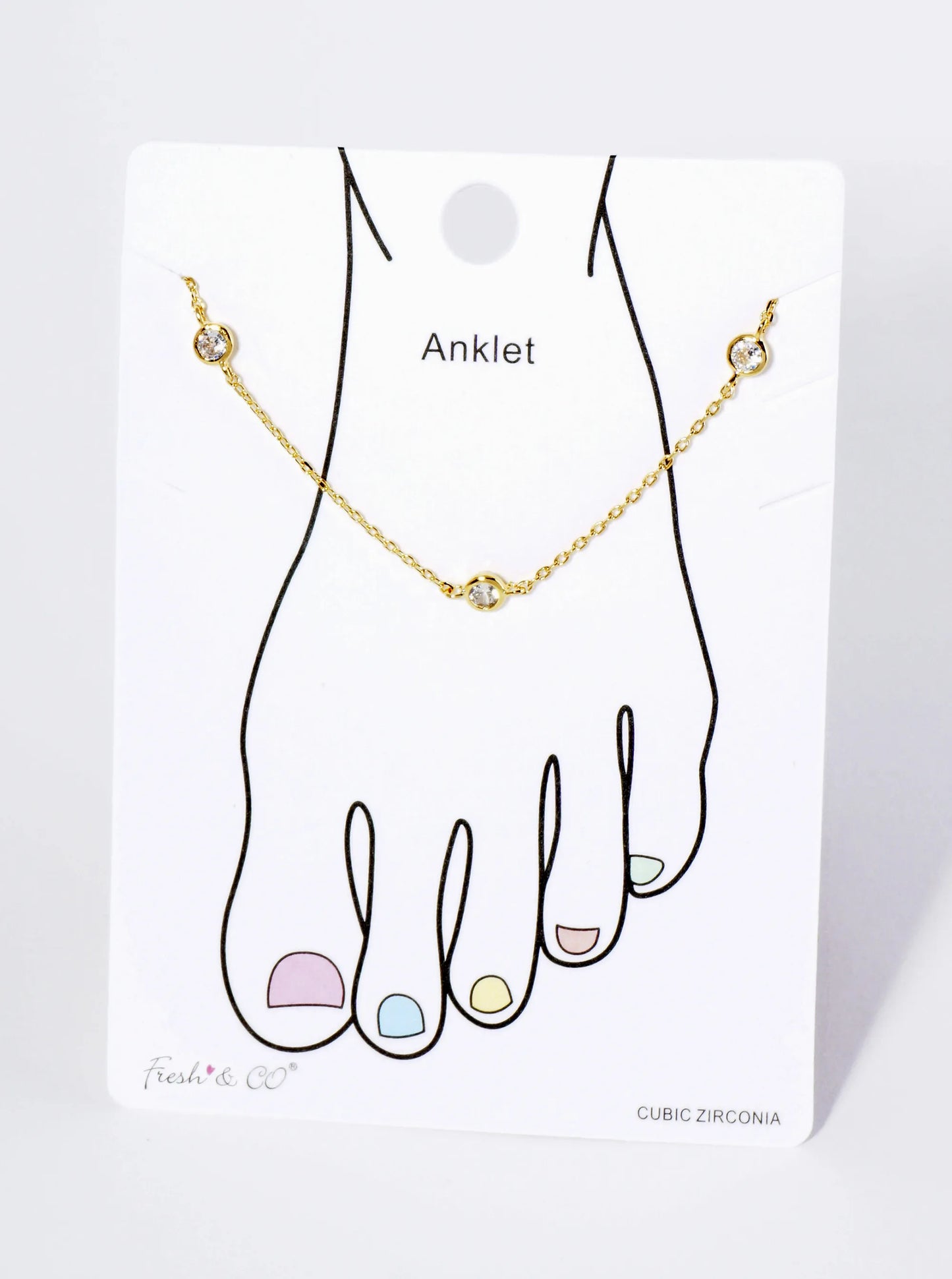 18K Gold Dipped 4mm Five Bezel Set Cubic Zirconia Stone Brass Chain Anklet