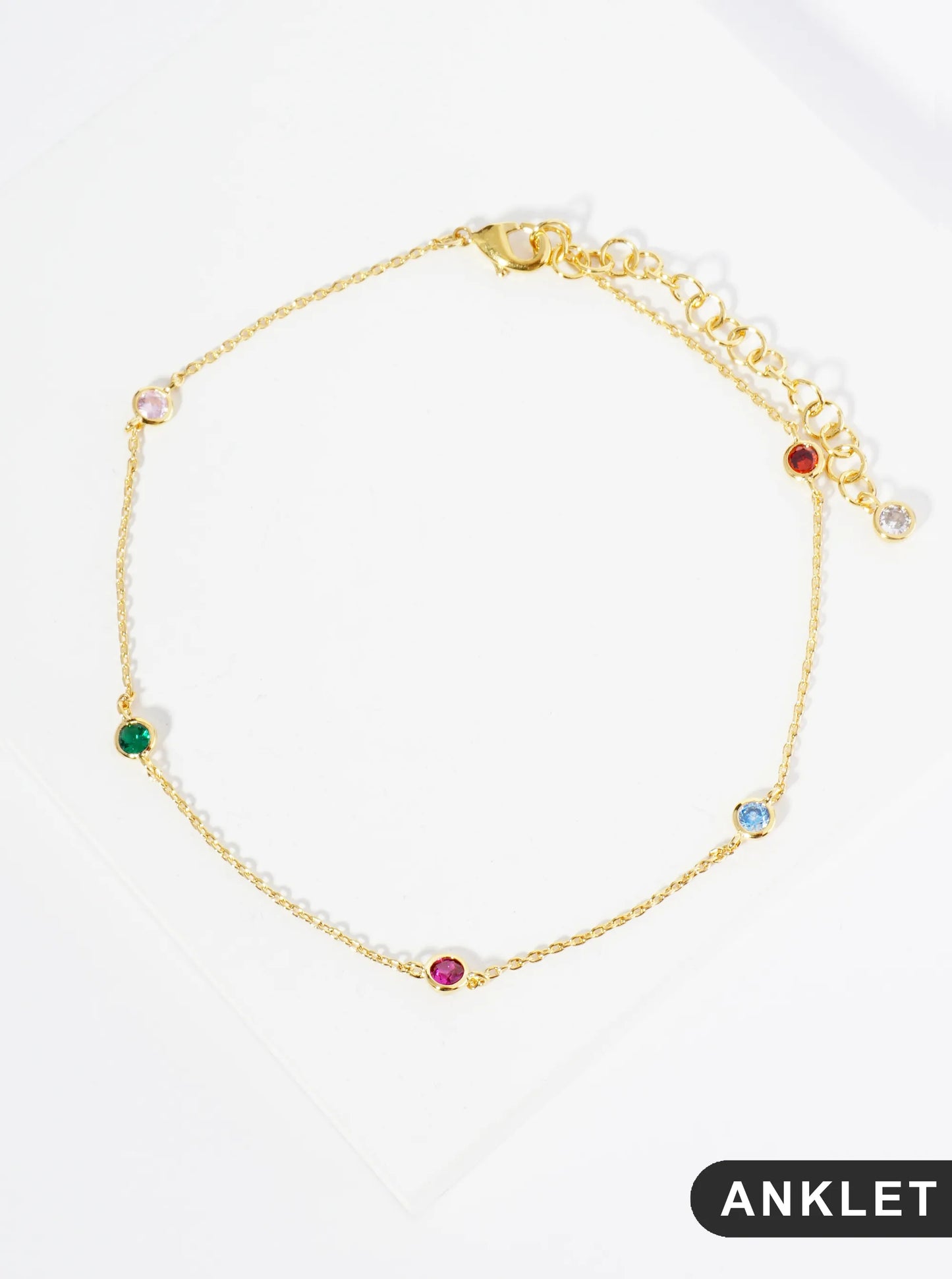 18K Gold Dipped 4mm Five Bezel Set Cubic Zirconia Stone Brass Chain Anklet